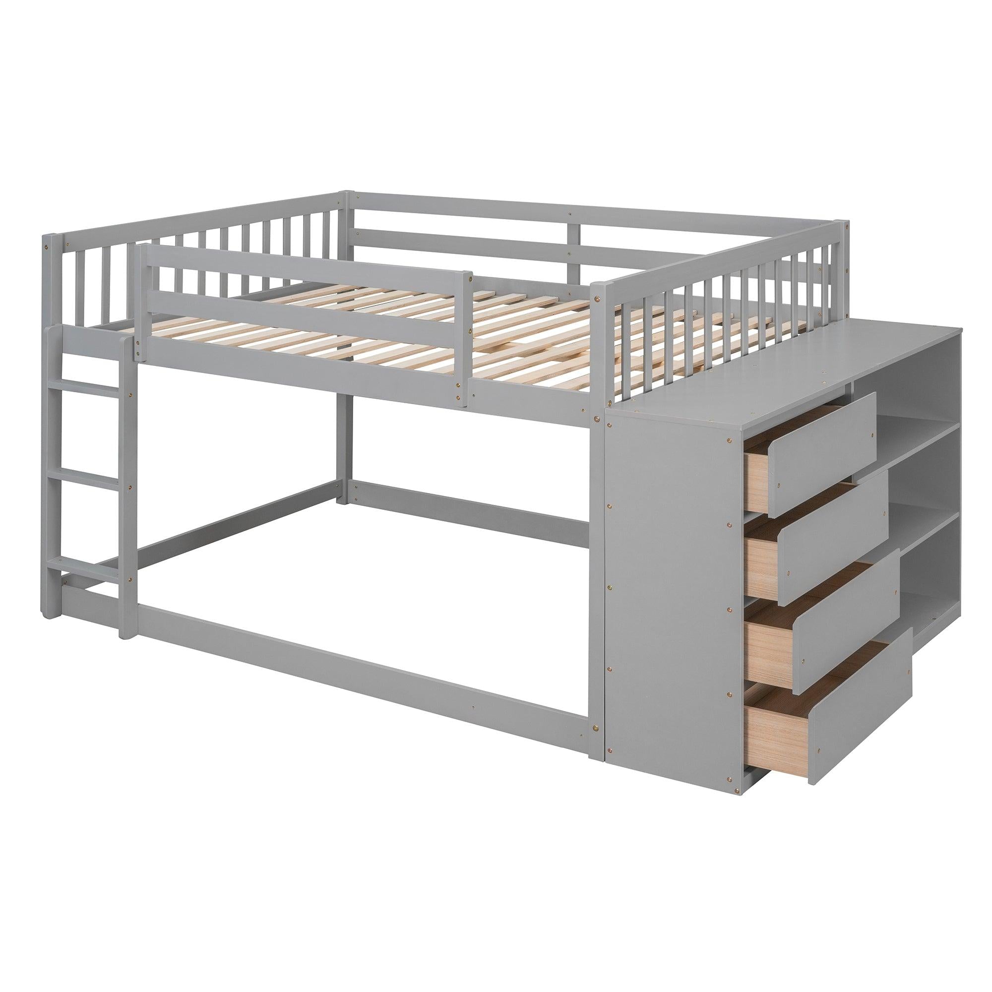 Full over Full Bunk Bed with 4 Drawers and 3 Shelves - Gray