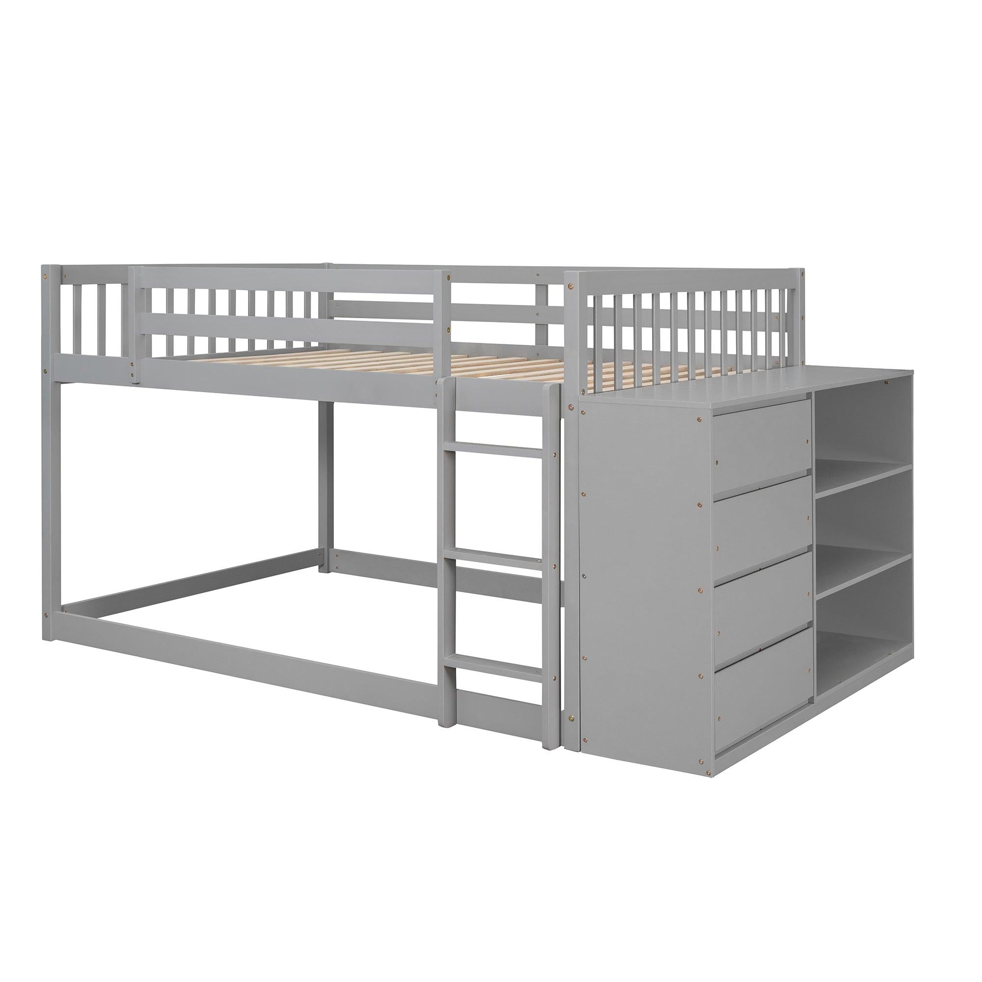 Full over Full Bunk Bed with 4 Drawers and 3 Shelves - Gray