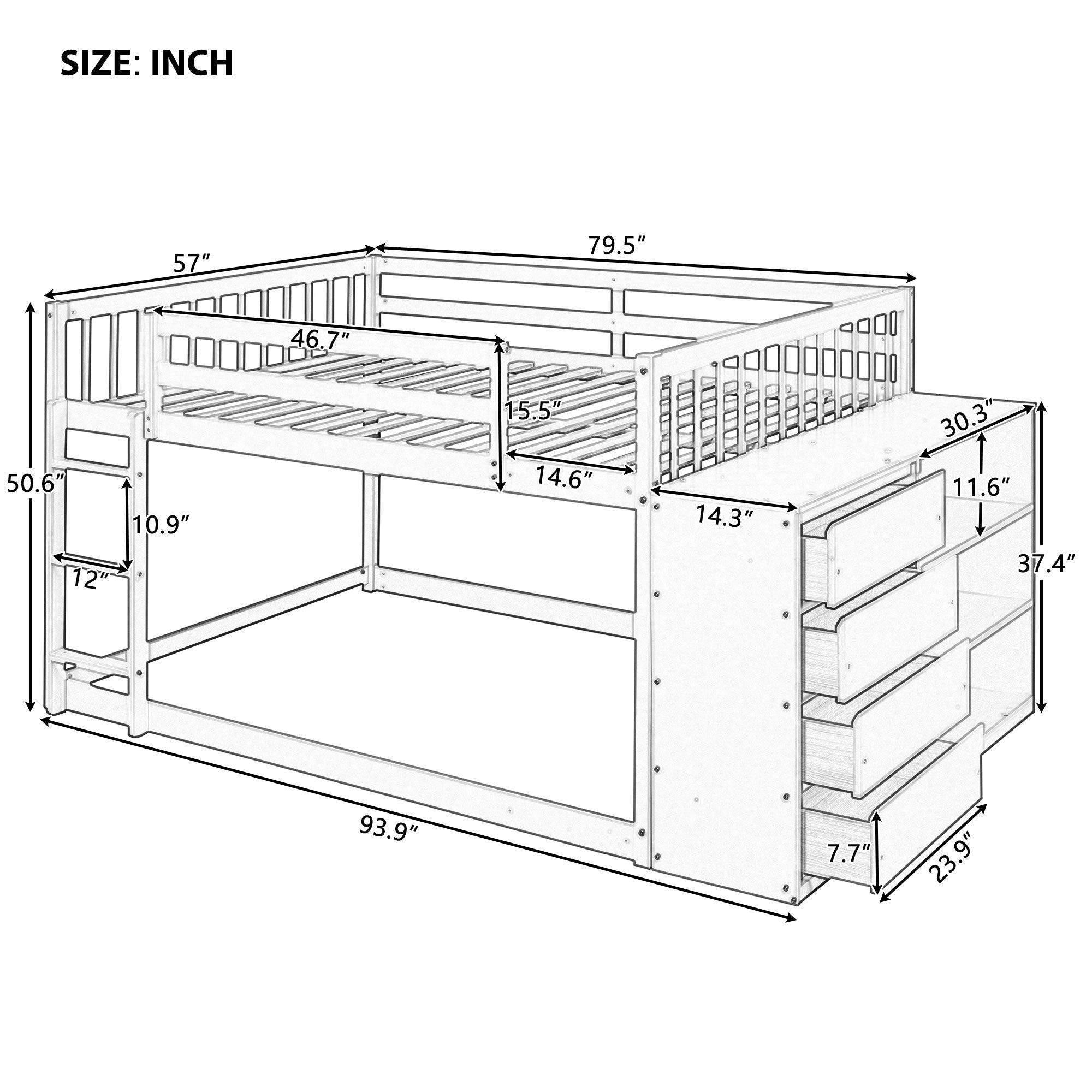 Full over Full Bunk Bed with 4 Drawers and 3 Shelves - Gray