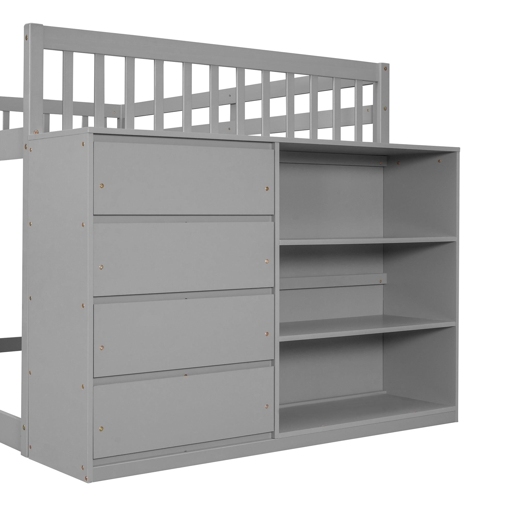 Full over Full Bunk Bed with 4 Drawers and 3 Shelves - Gray