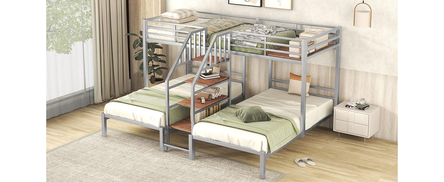 Twin over Twin and Twin Metal Bunk Bed withStorage Shelves Staircase - Silver