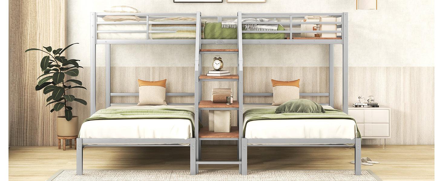 Twin over Twin and Twin Metal Bunk Bed withStorage Shelves Staircase - Silver