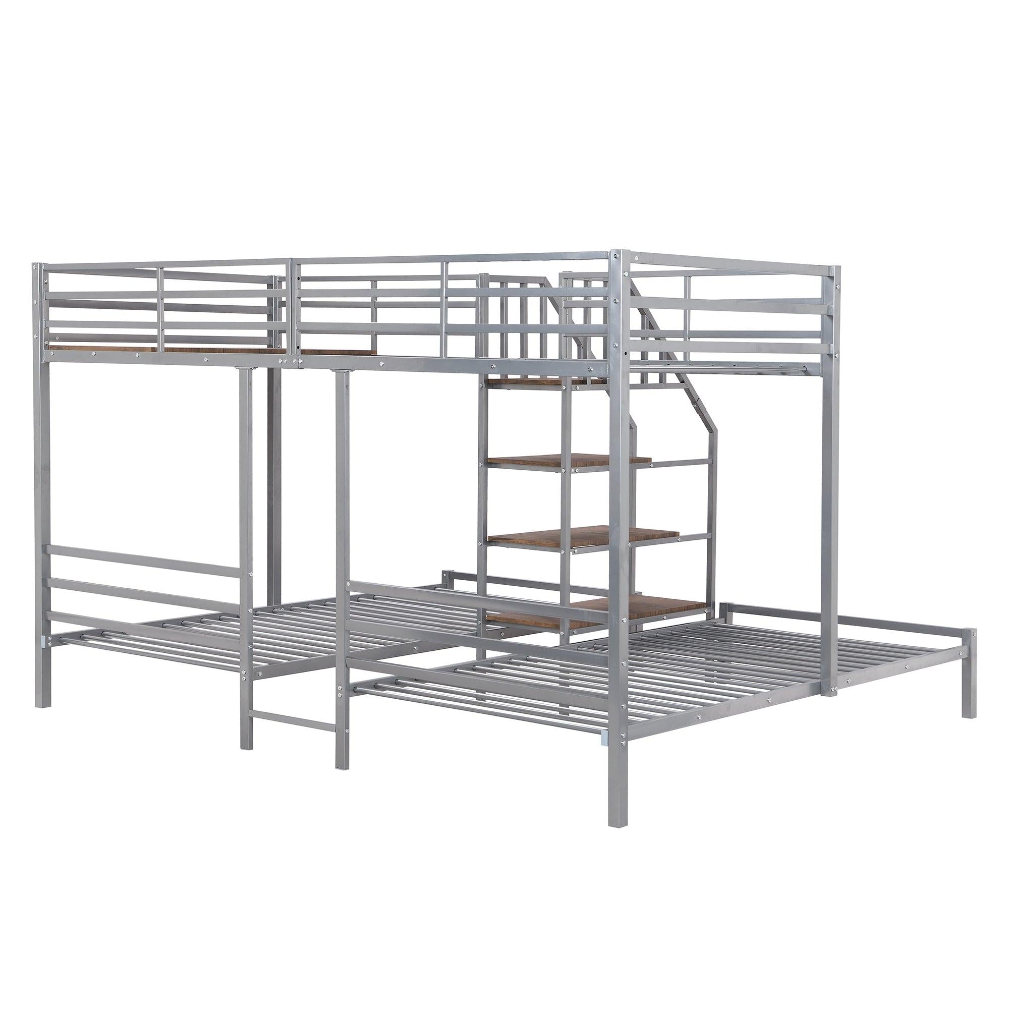 Twin over Twin and Twin Metal Bunk Bed withStorage Shelves Staircase - Silver