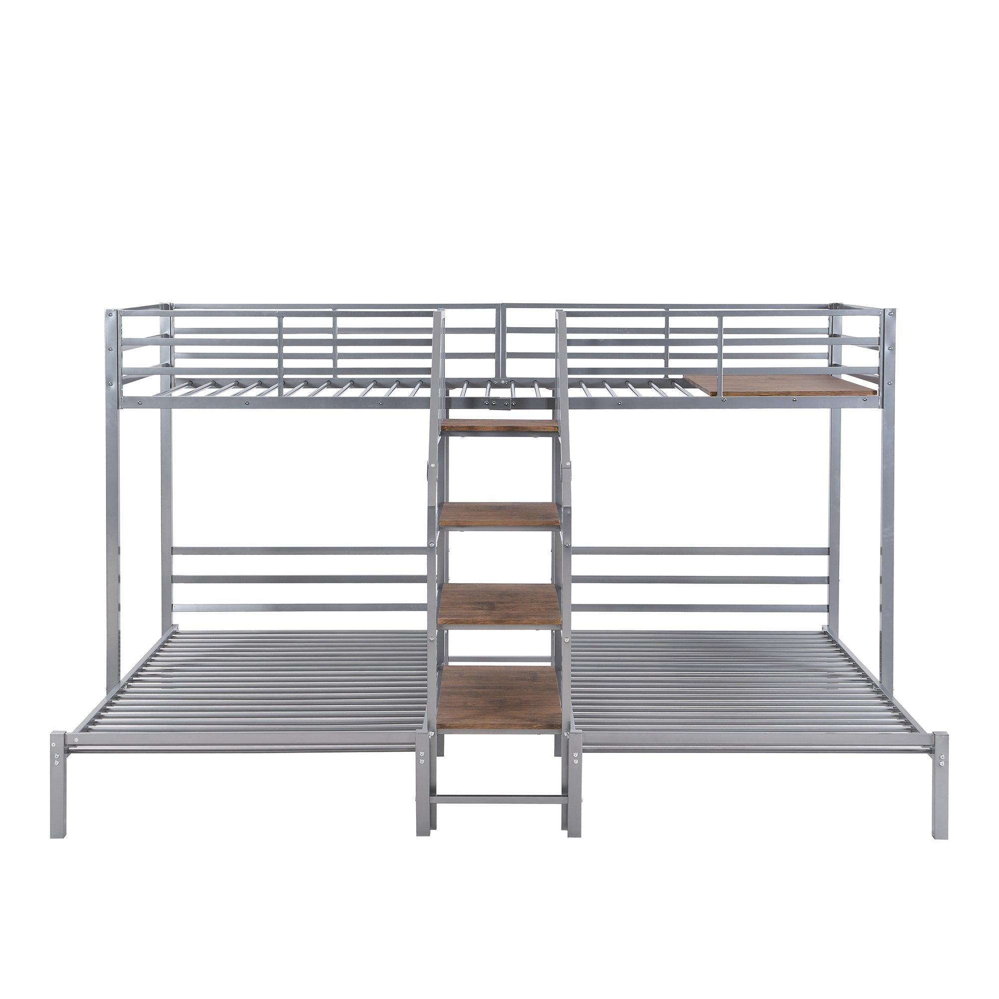 Twin over Twin and Twin Metal Bunk Bed withStorage Shelves Staircase - Silver