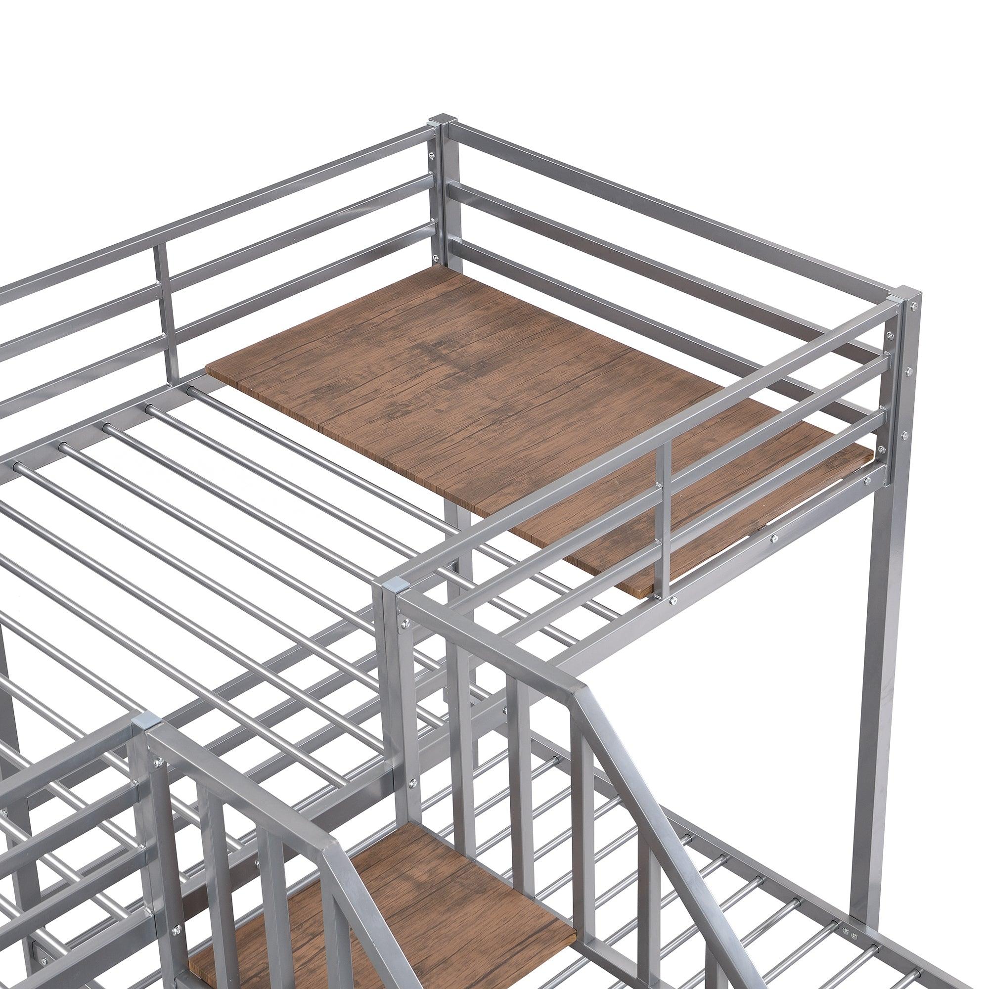 Twin over Twin and Twin Metal Bunk Bed withStorage Shelves Staircase - Silver