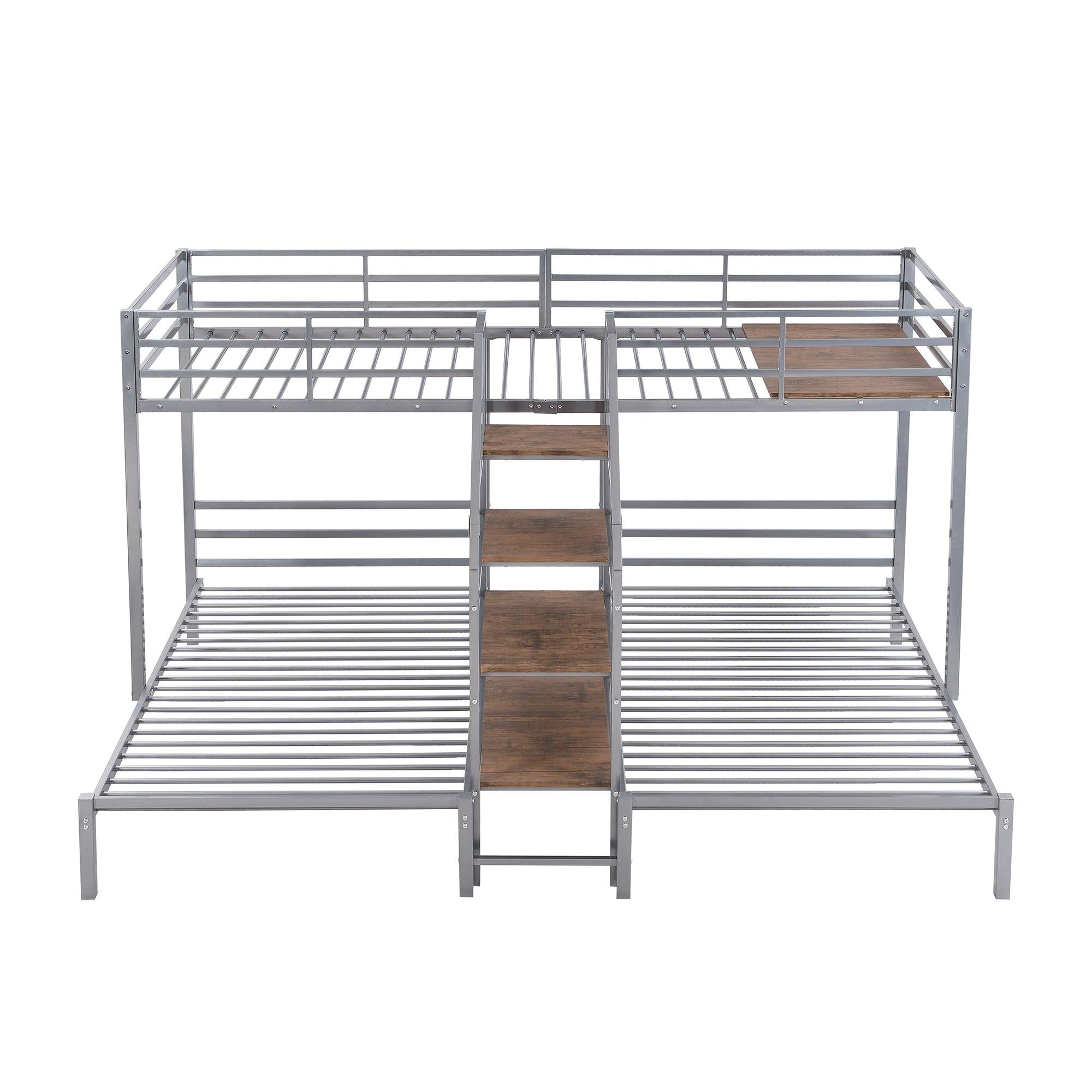 Twin over Twin and Twin Metal Bunk Bed withStorage Shelves Staircase - Silver