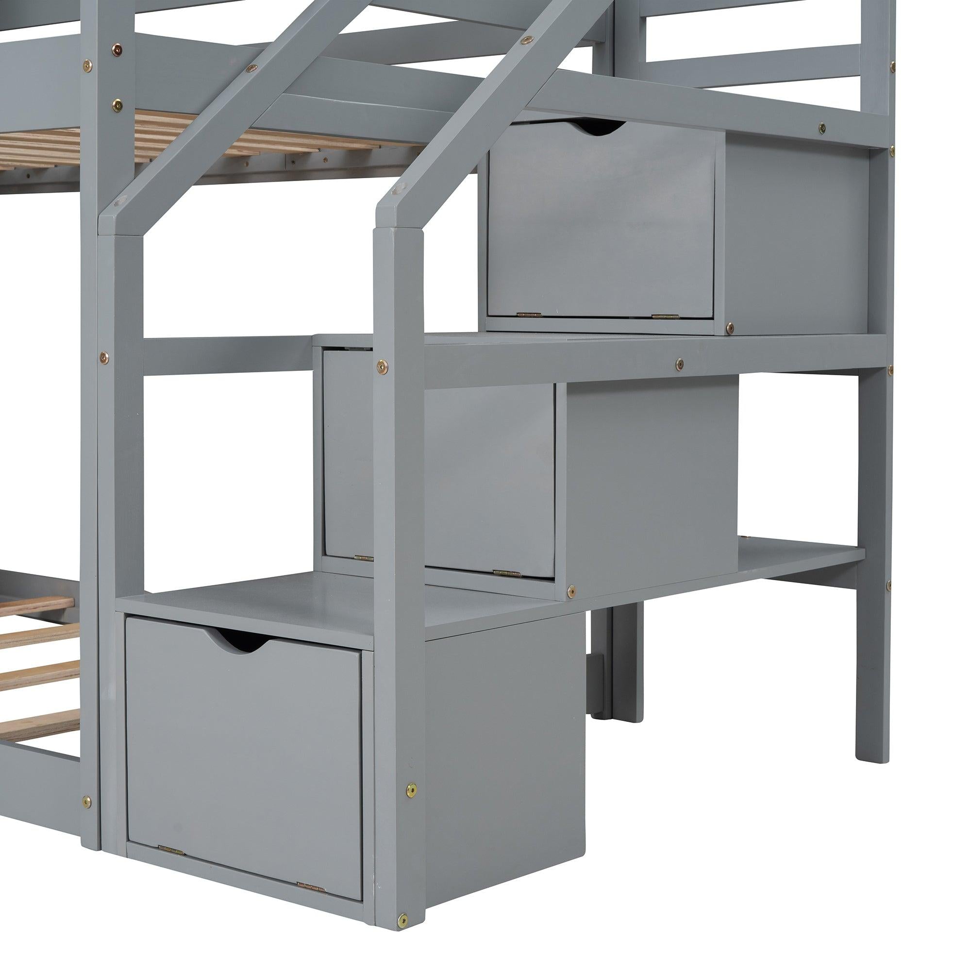 Twin over Twin House Shaped Bunk Bed withStorage Stairs, Guardrail and Ladder - Gray