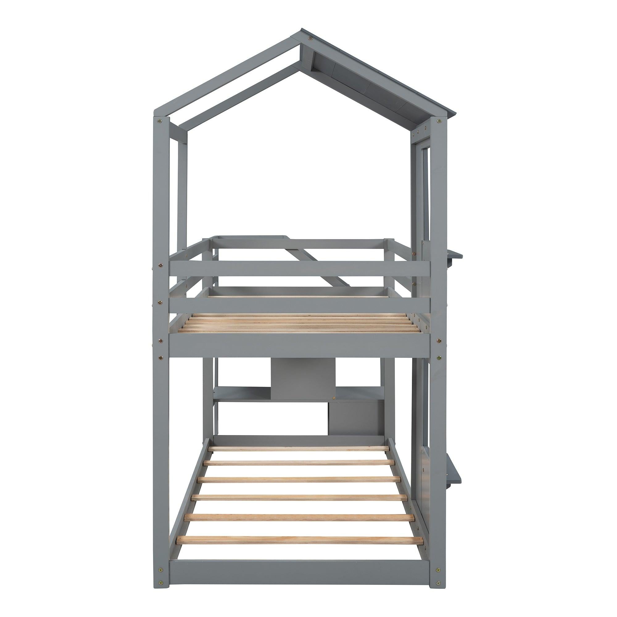 Twin over Twin House Shaped Bunk Bed withStorage Stairs, Guardrail and Ladder - Gray