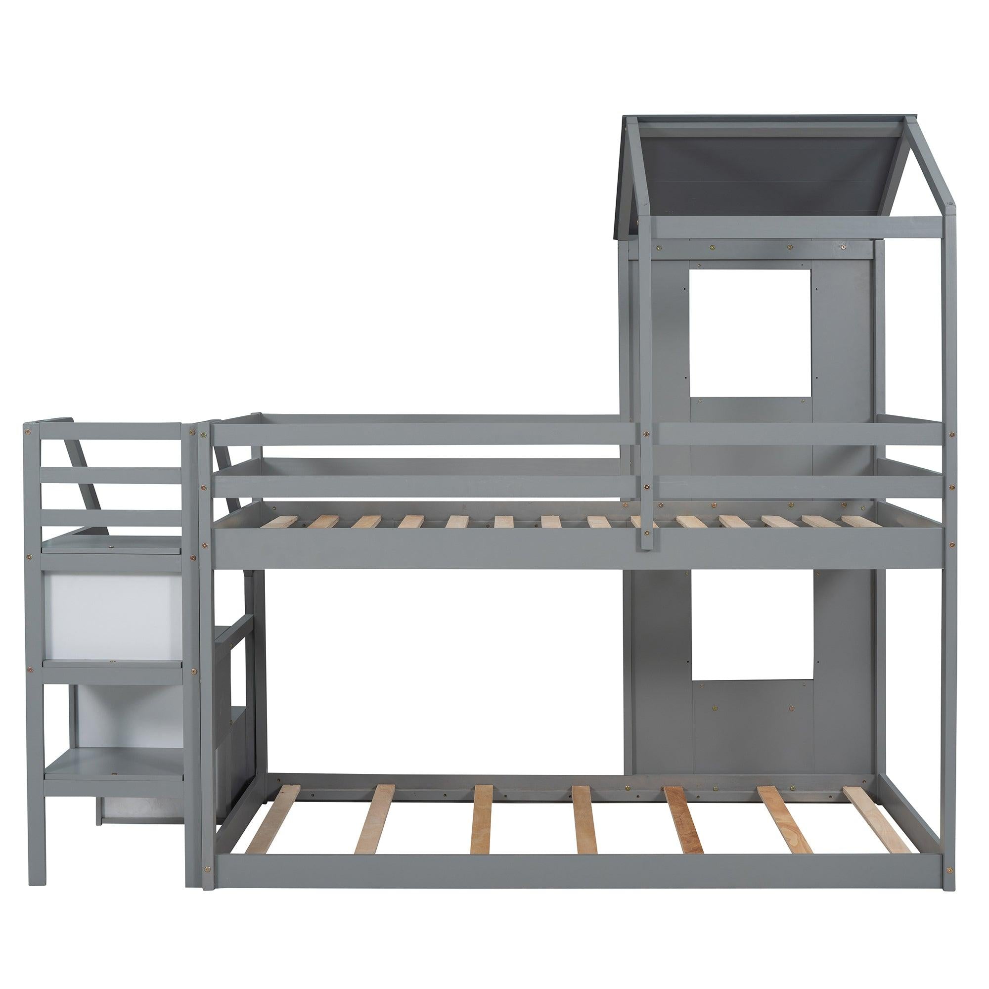 Twin over Twin House Shaped Bunk Bed withStorage Stairs, Guardrail and Ladder - Gray