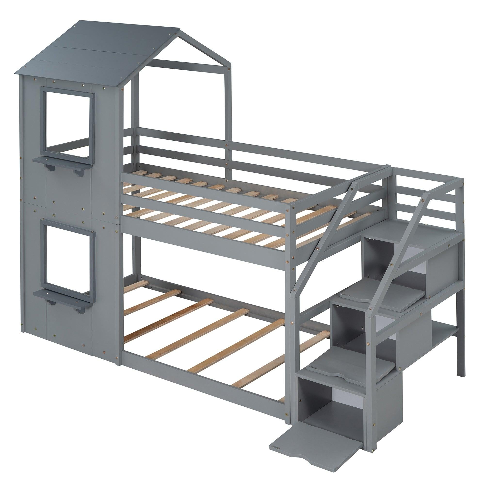 Twin over Twin House Shaped Bunk Bed withStorage Stairs, Guardrail and Ladder - Gray