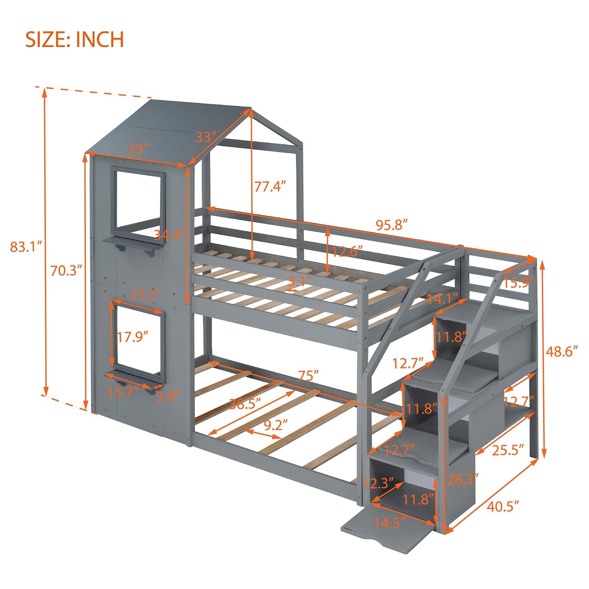 Twin over Twin House Shaped Bunk Bed withStorage Stairs, Guardrail and Ladder - Gray