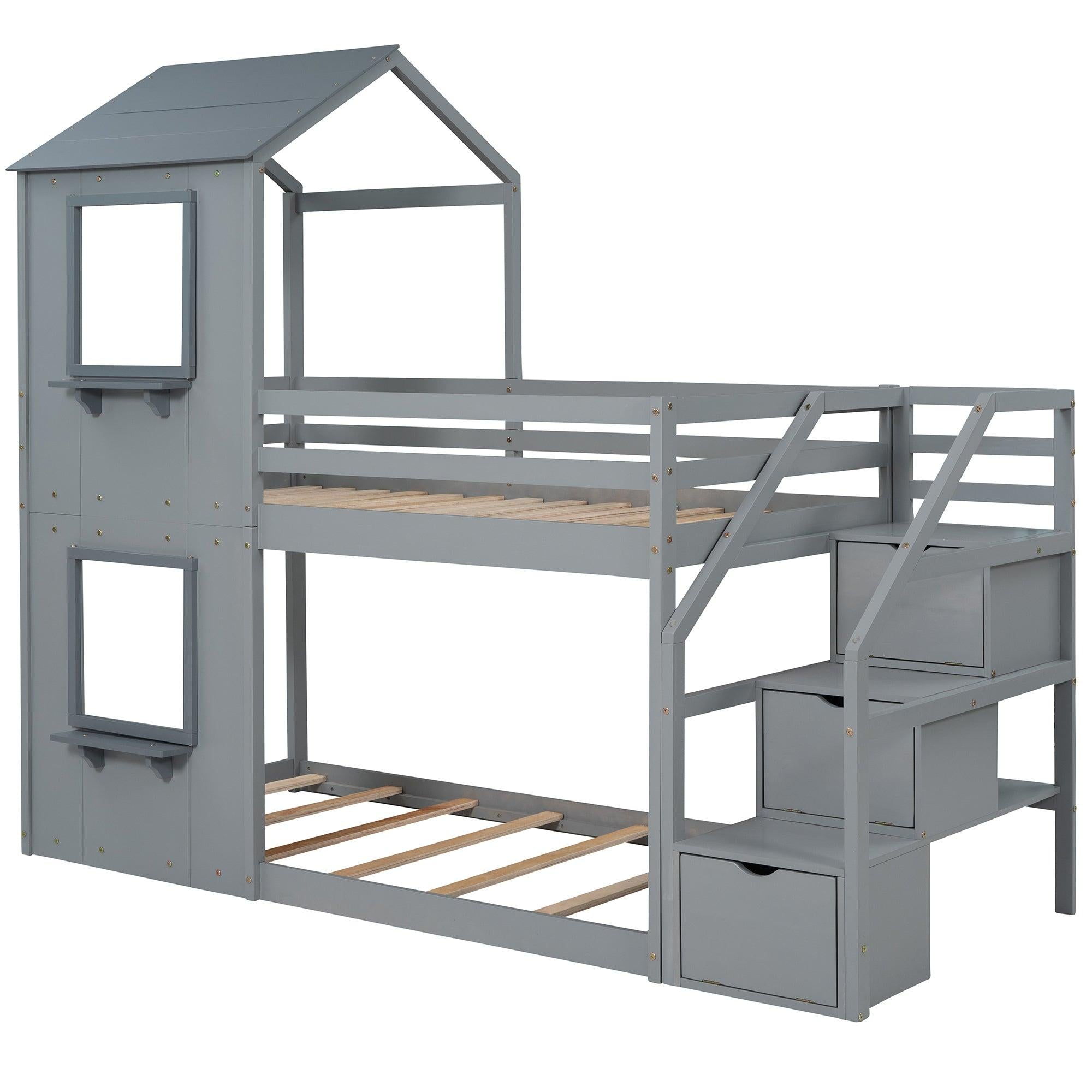 Twin over Twin House Shaped Bunk Bed withStorage Stairs, Guardrail and Ladder - Gray