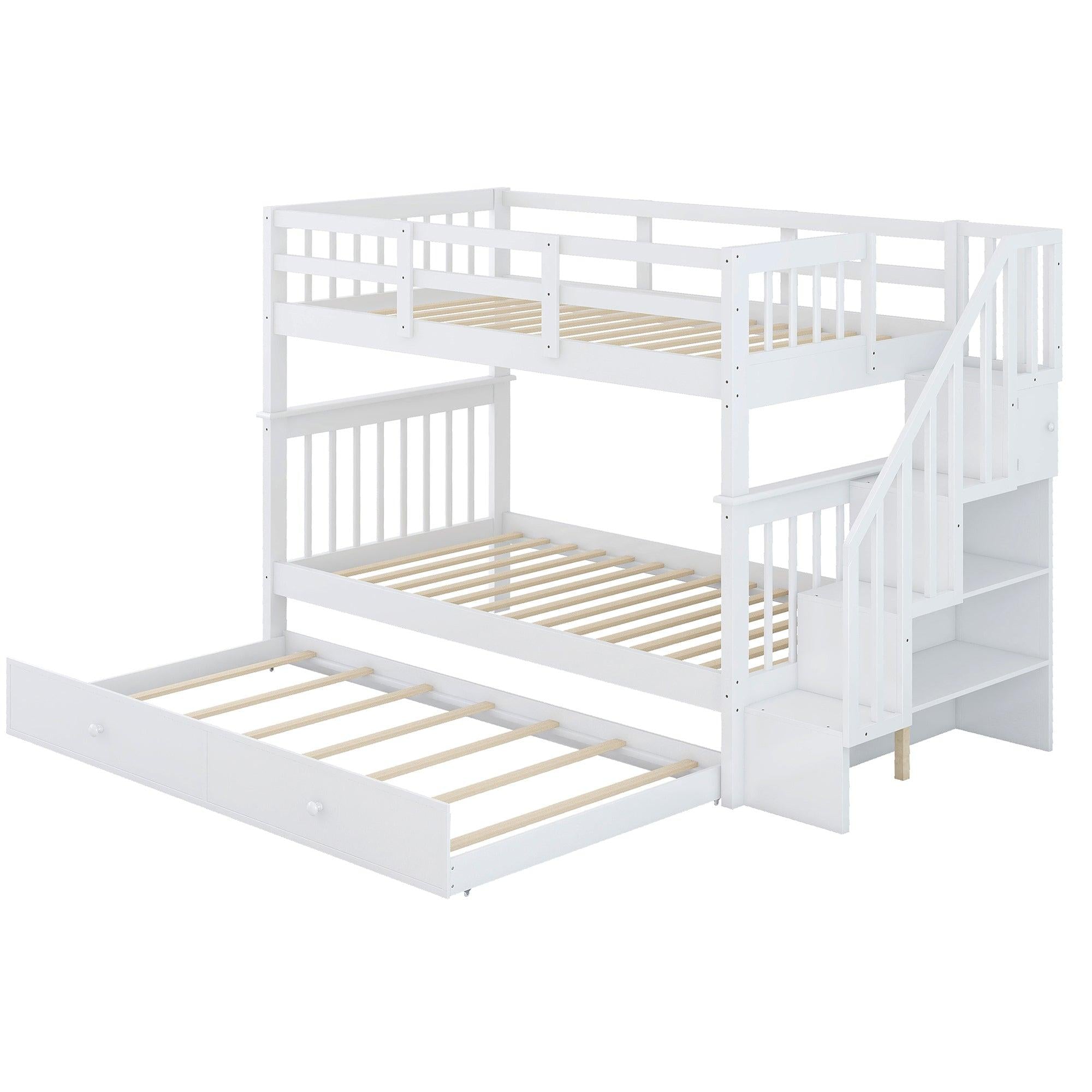 Twin Over Twin Bunk Bed with Twin Size Trundle andStorage Staircase - White