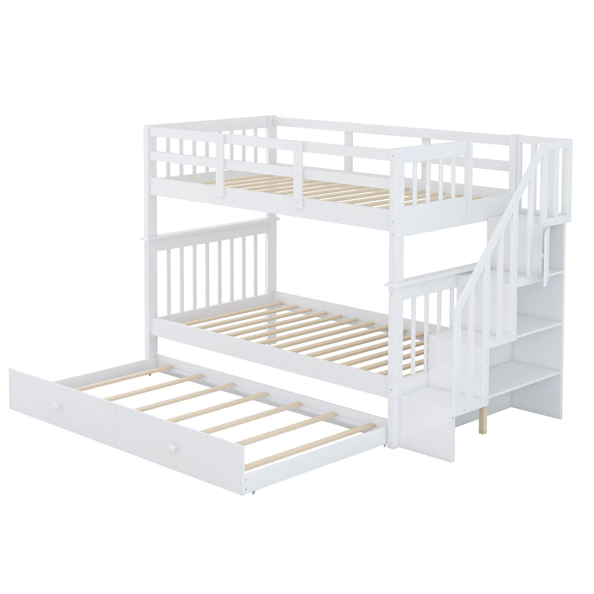 Twin Over Twin Bunk Bed with Twin Size Trundle andStorage Staircase - White