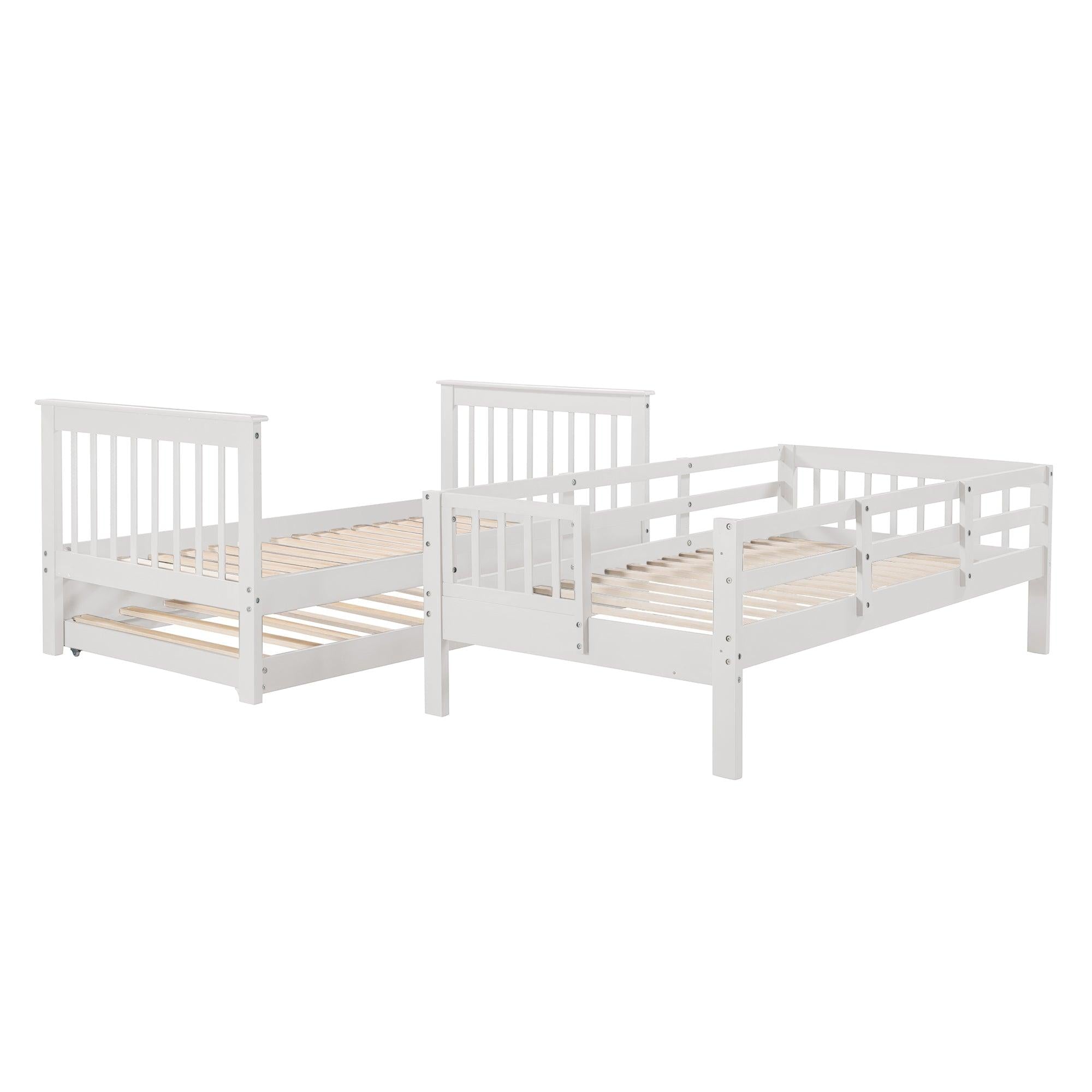 Twin Over Twin Bunk Bed with Twin Size Trundle andStorage Staircase - White