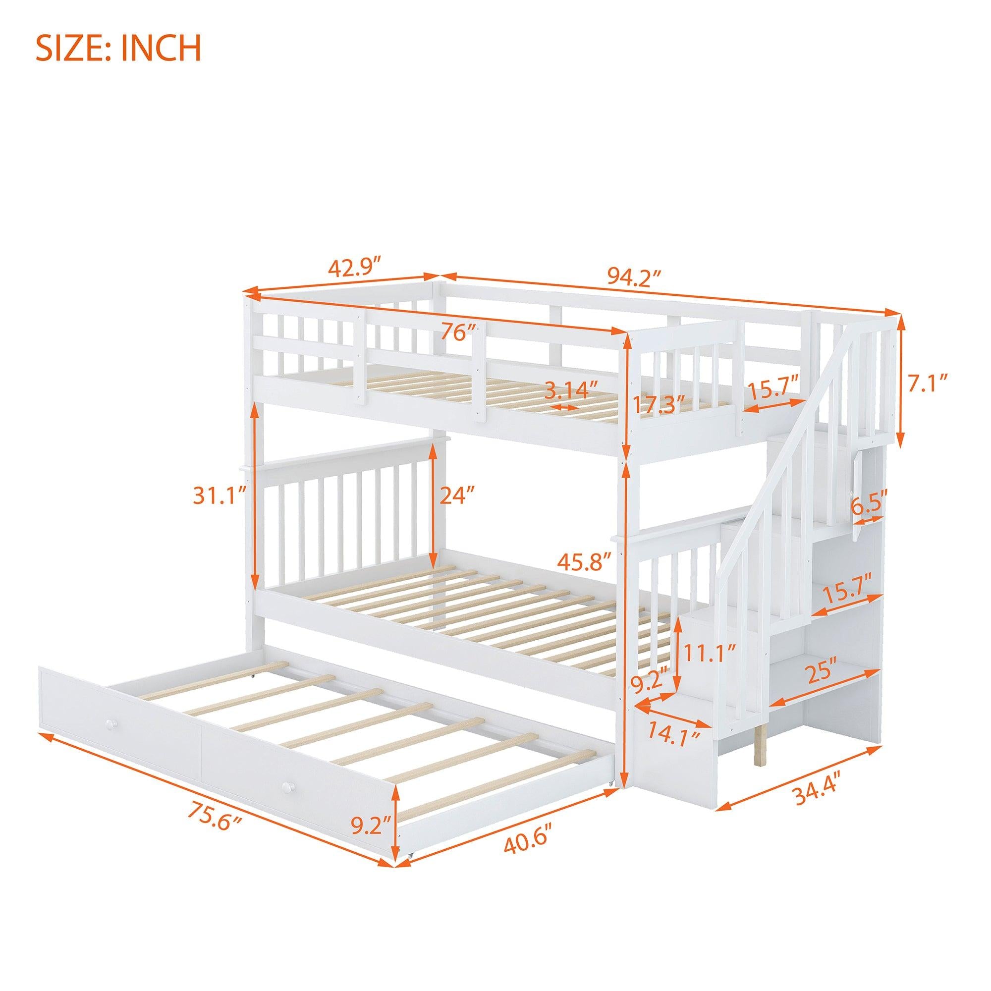 Twin Over Twin Bunk Bed with Twin Size Trundle andStorage Staircase - White