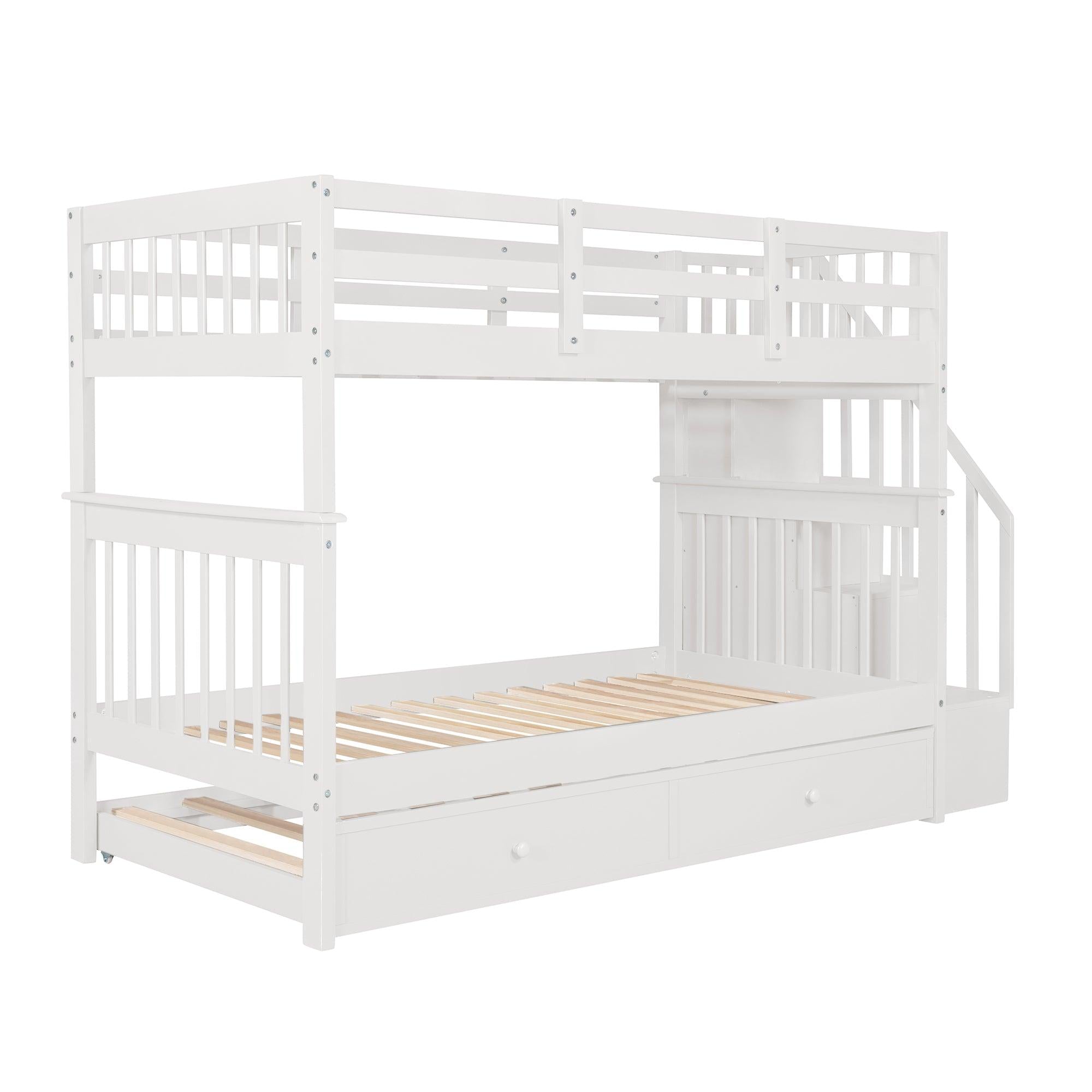 Twin Over Twin Bunk Bed with Twin Size Trundle andStorage Staircase - White