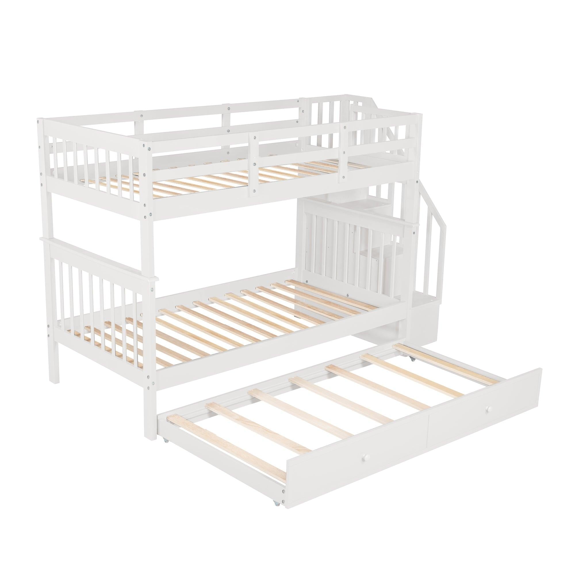 Twin Over Twin Bunk Bed with Twin Size Trundle andStorage Staircase - White