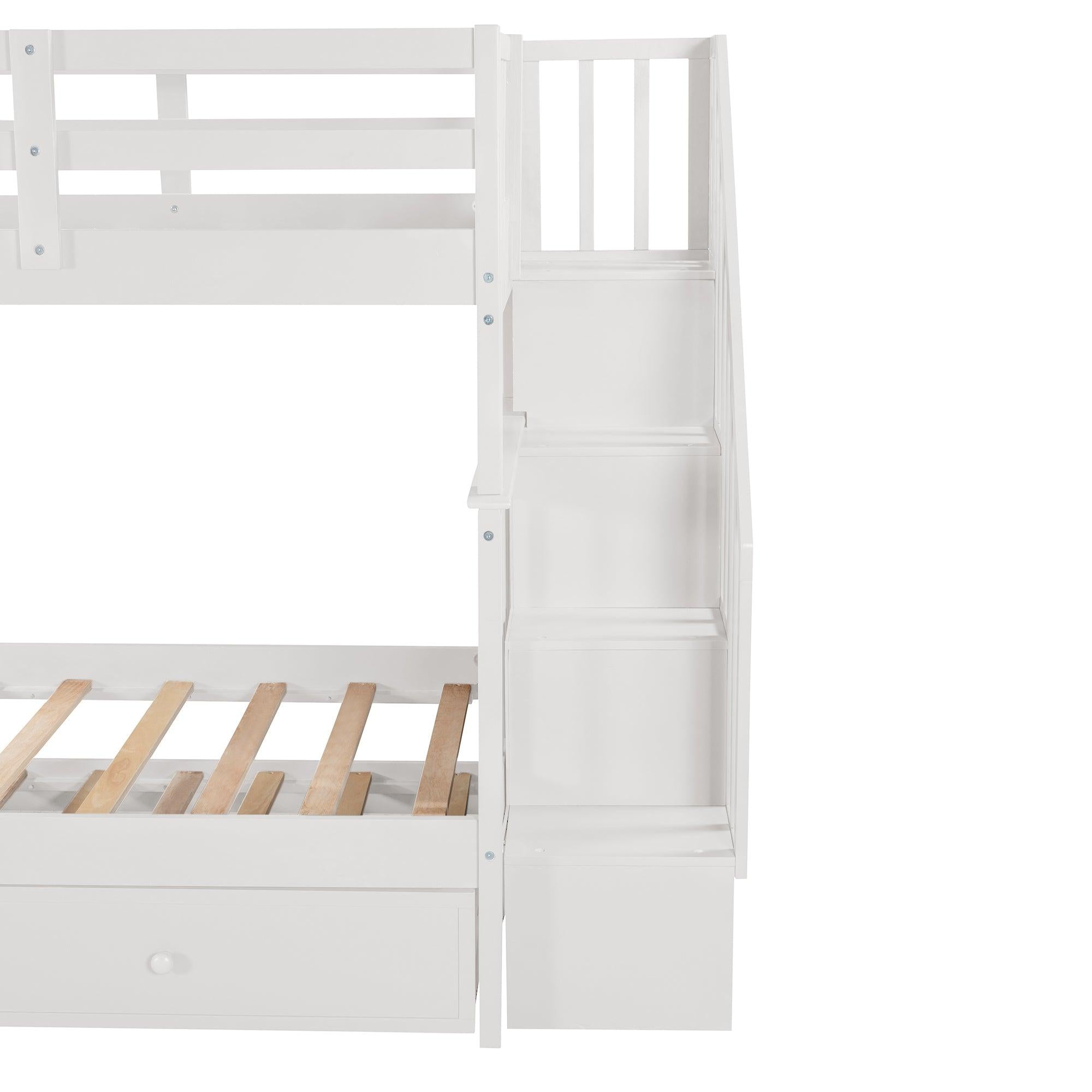 Twin Over Twin Bunk Bed with Twin Size Trundle andStorage Staircase - White