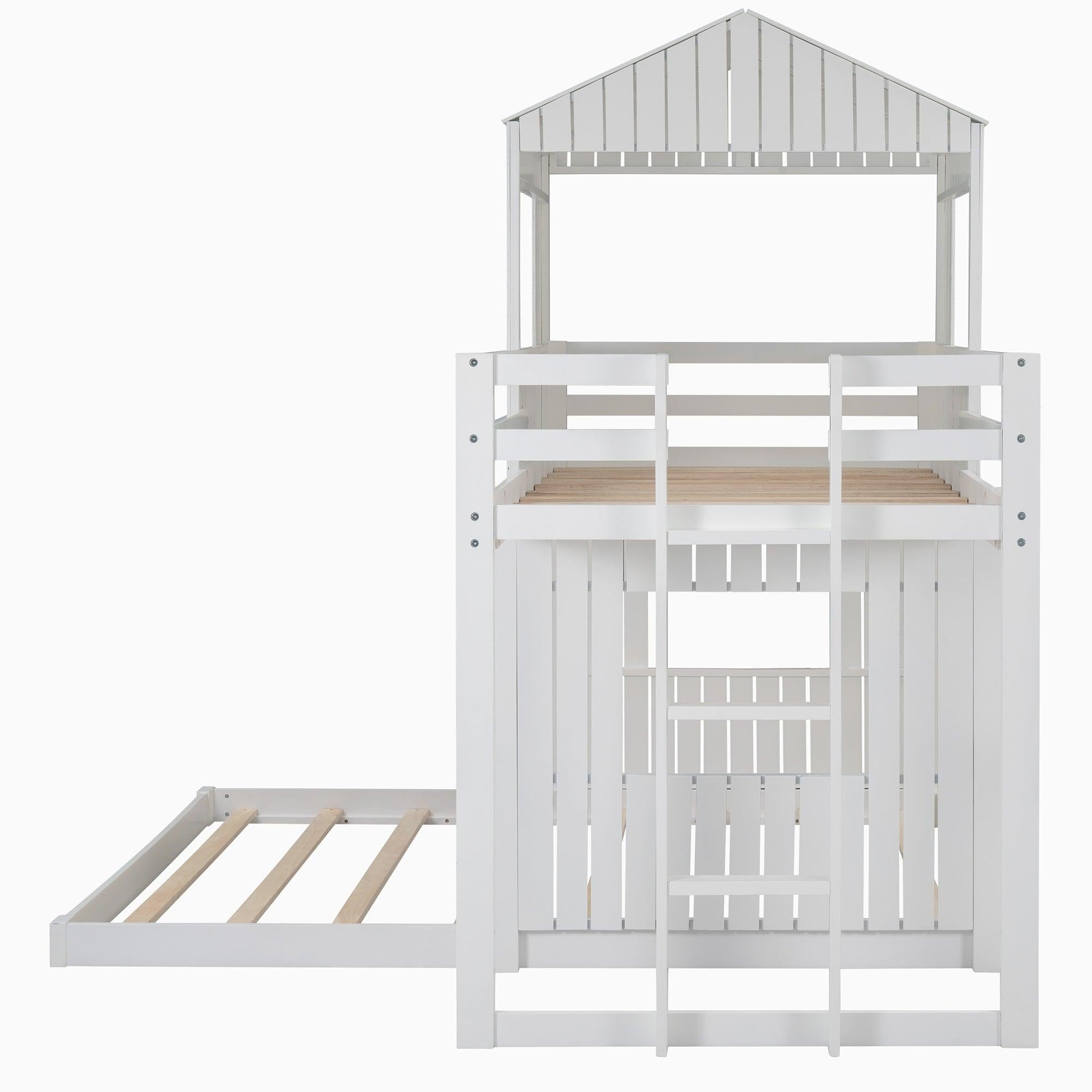 Twin Over Full House Shaped Bunk Bed with Ladder and Guardrails - White