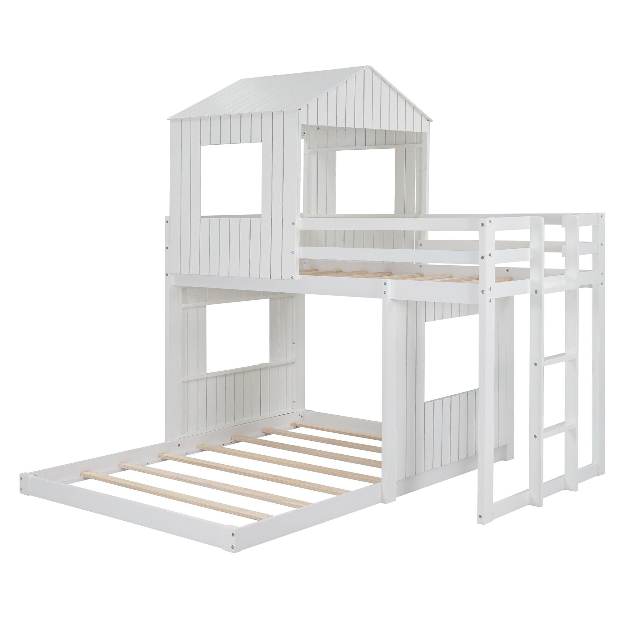 Twin Over Full House Shaped Bunk Bed with Ladder and Guardrails - White