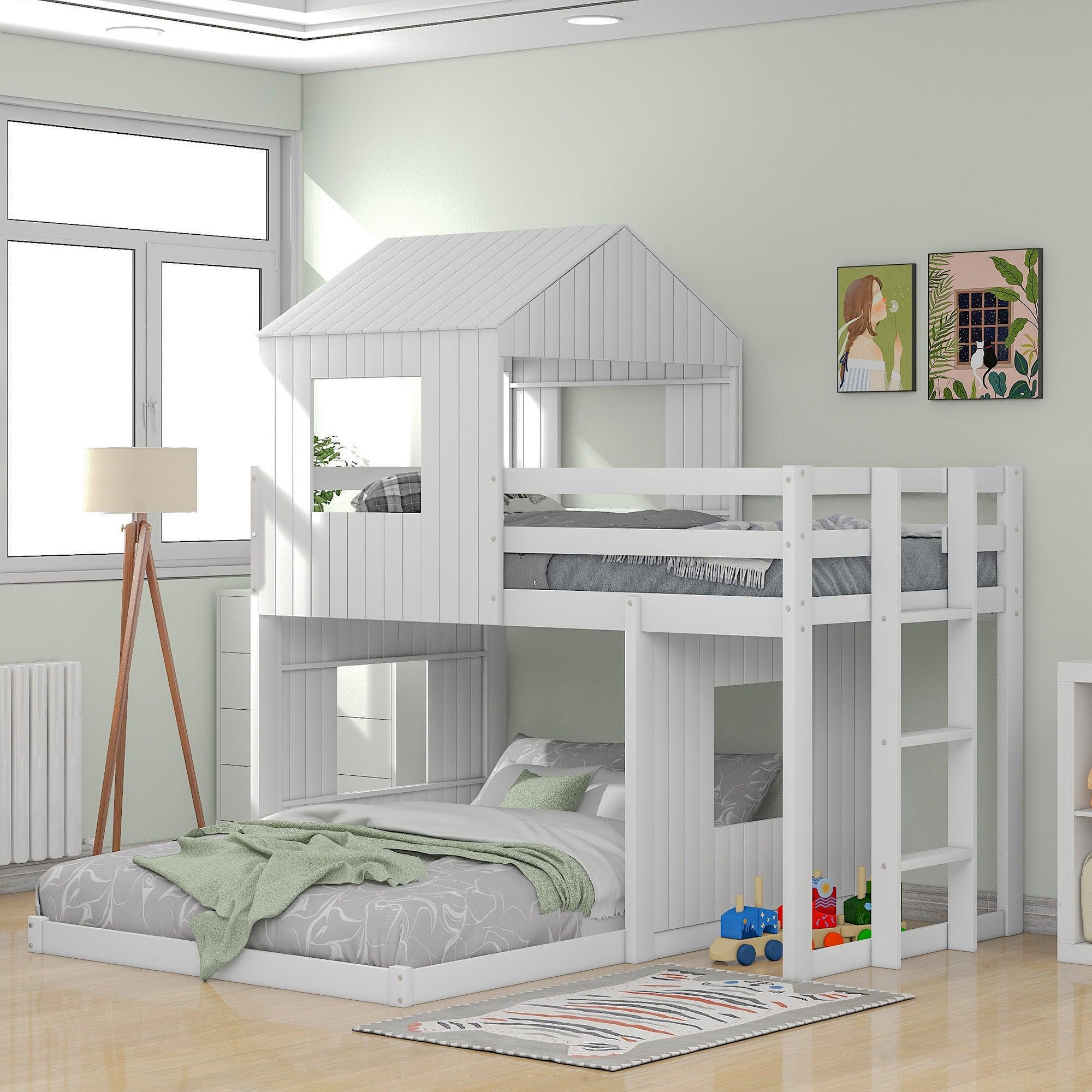 Twin Over Full House Shaped Bunk Bed with Ladder and Guardrails - White image