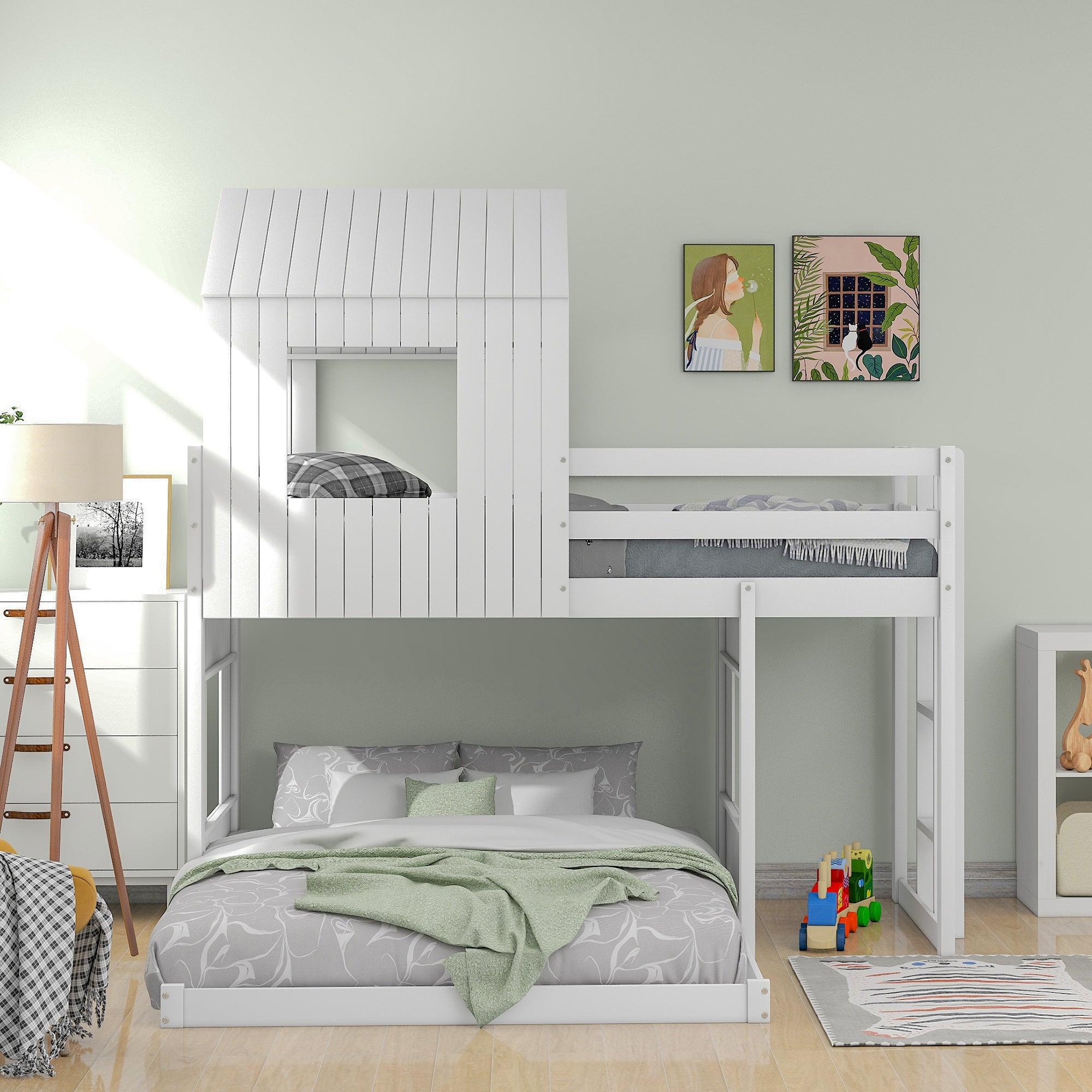 Twin Over Full House Shaped Bunk Bed with Ladder and Guardrails - White