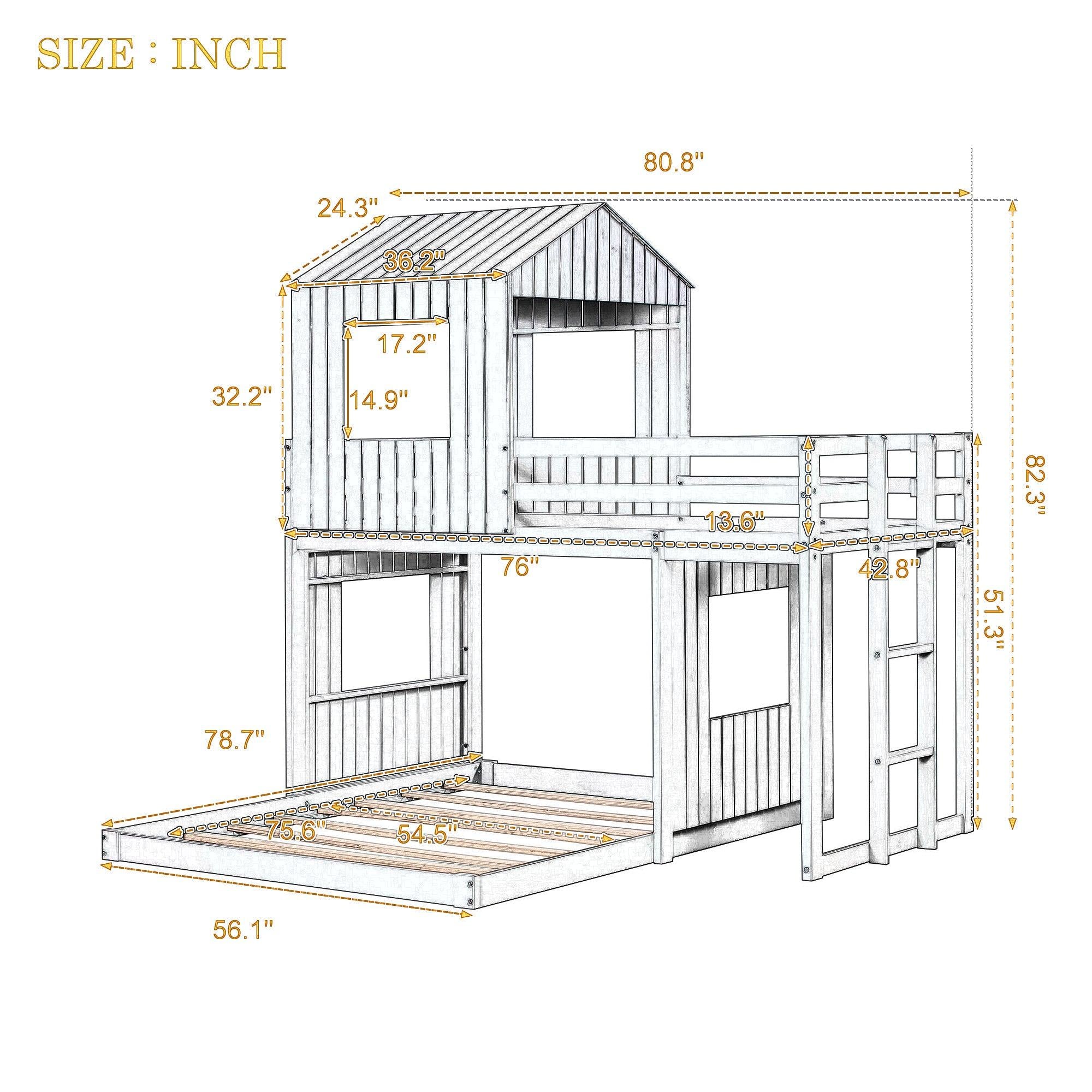 Twin Over Full House Shaped Bunk Bed with Ladder and Guardrails - White