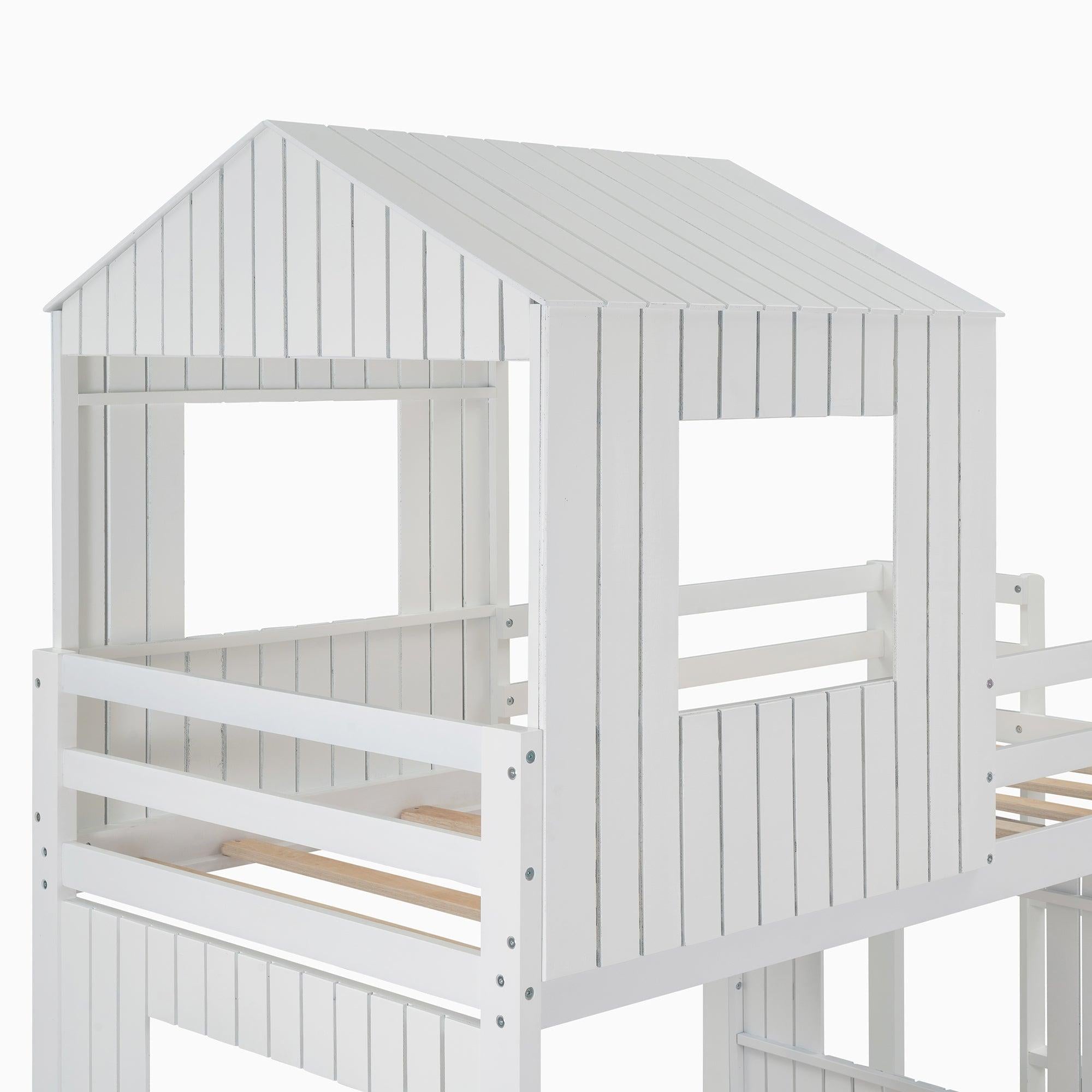 Twin Over Full House Shaped Bunk Bed with Ladder and Guardrails - White