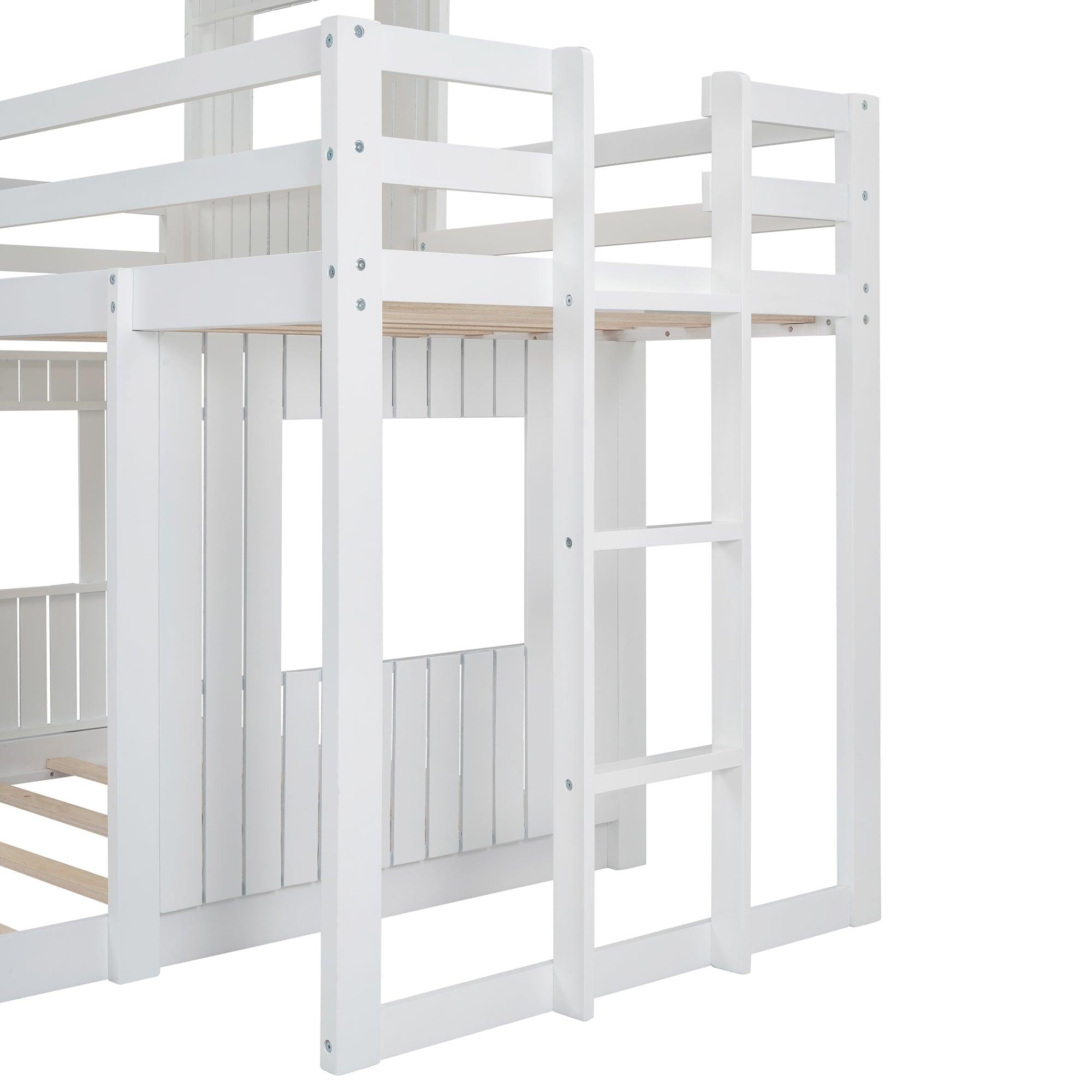 Twin Over Full House Shaped Bunk Bed with Ladder and Guardrails - White