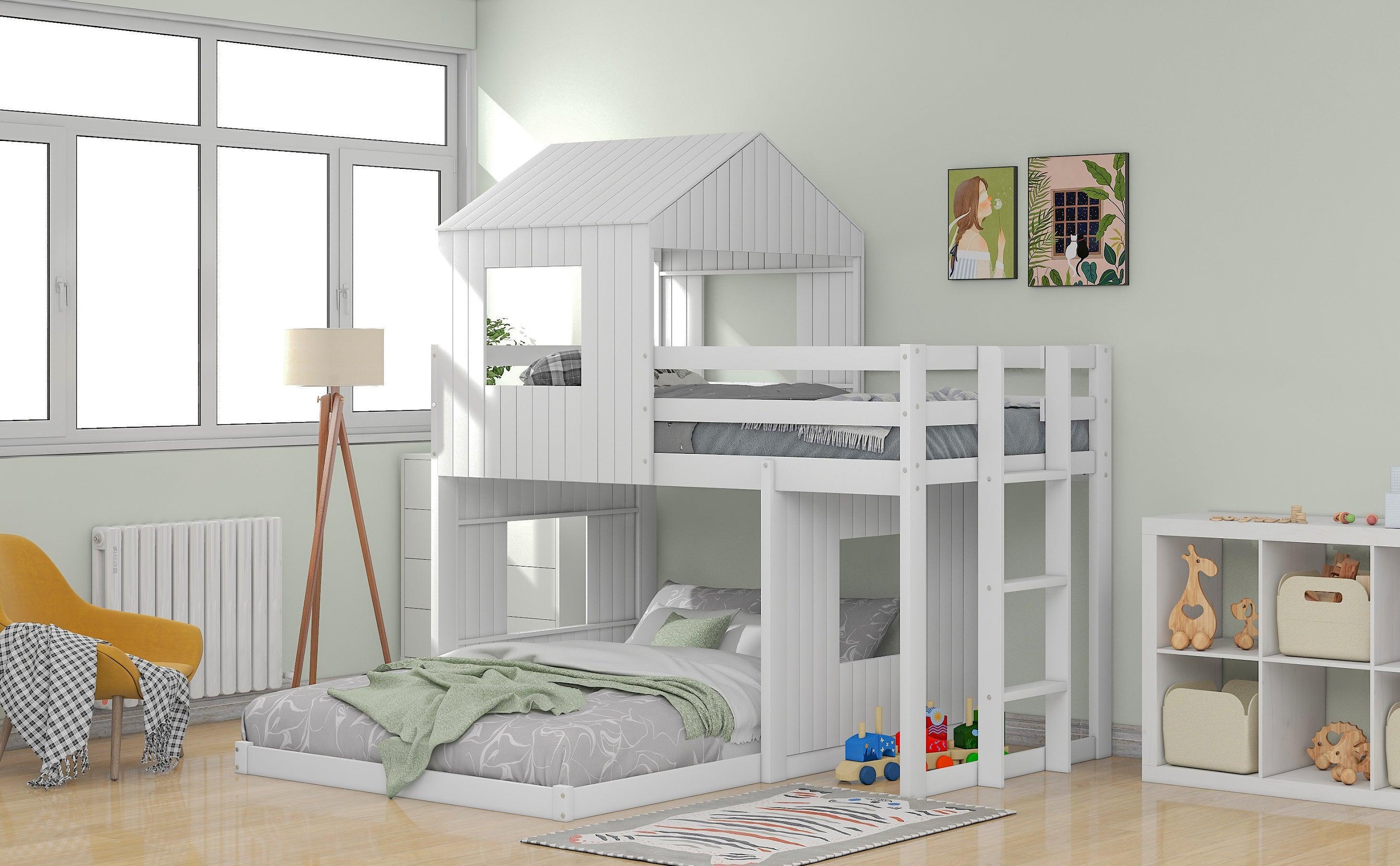 Twin Over Full House Shaped Bunk Bed with Ladder and Guardrails - White