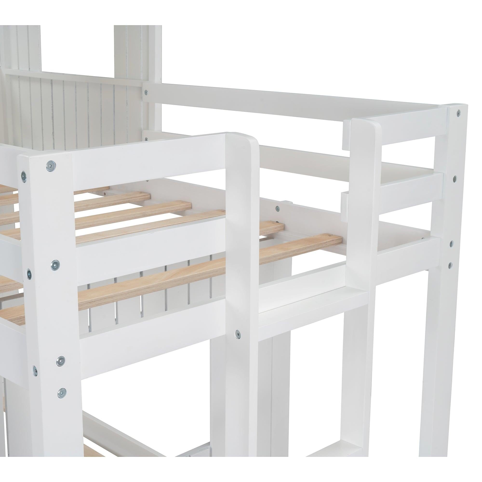 Twin Over Full House Shaped Bunk Bed with Ladder and Guardrails - White