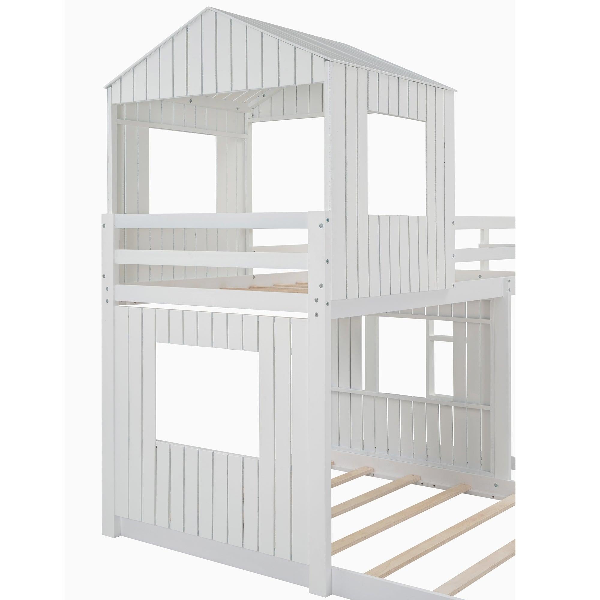 Twin Over Full House Shaped Bunk Bed with Ladder and Guardrails - White