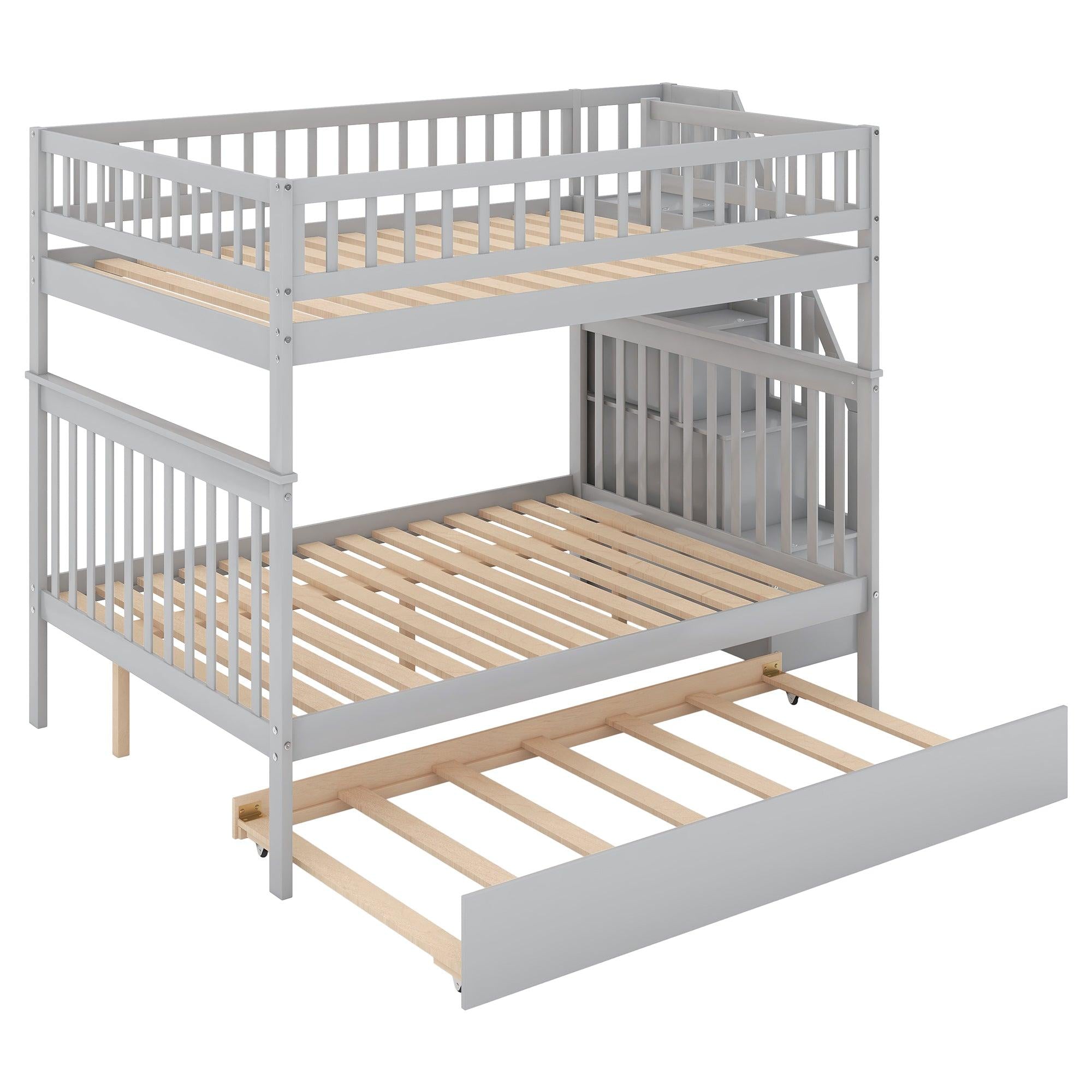 Full over Full Bunk Bed with Twin Size Trundle andStorage Staircase - Gray