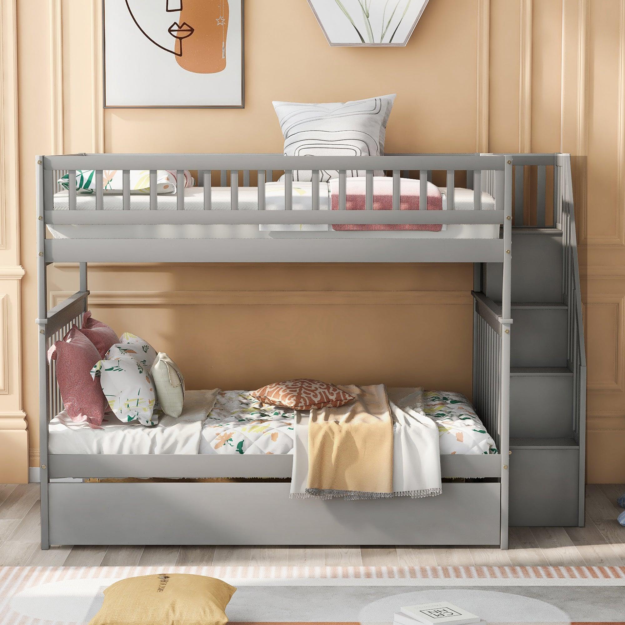 Full over Full Bunk Bed with Twin Size Trundle andStorage Staircase - Gray