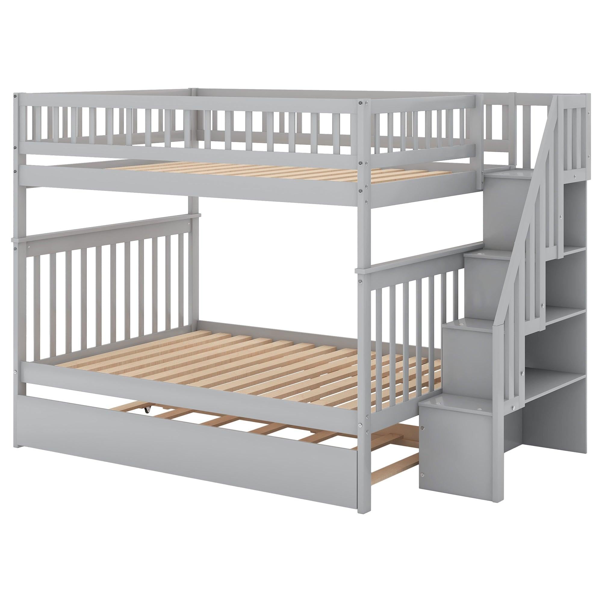 Full over Full Bunk Bed with Twin Size Trundle andStorage Staircase - Gray