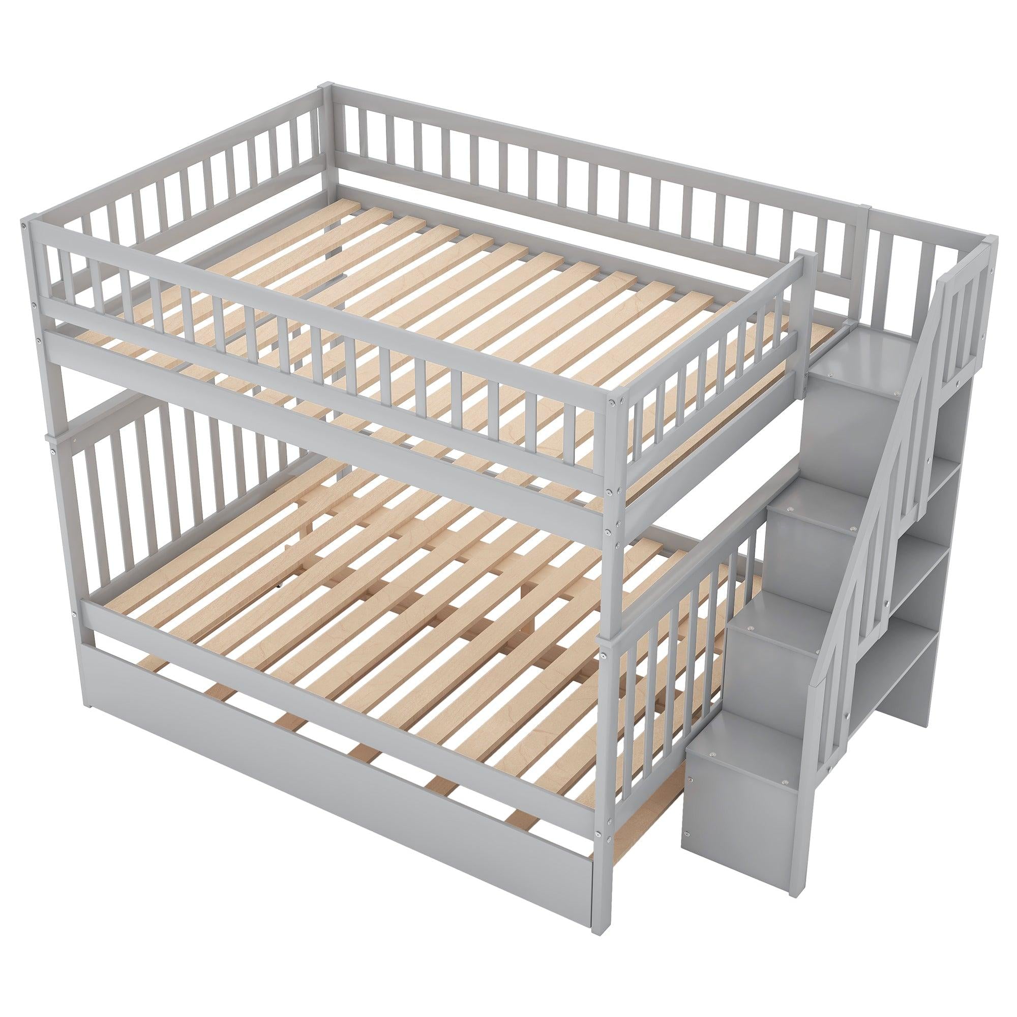 Full over Full Bunk Bed with Twin Size Trundle andStorage Staircase - Gray