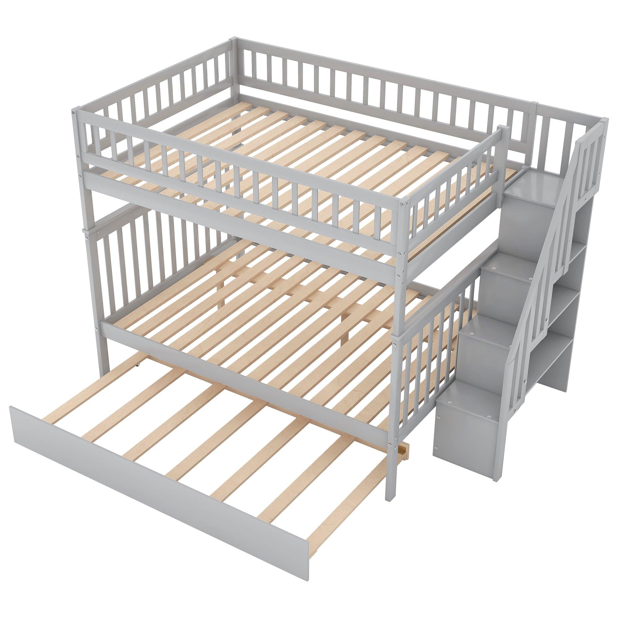 Full over Full Bunk Bed with Twin Size Trundle andStorage Staircase - Gray