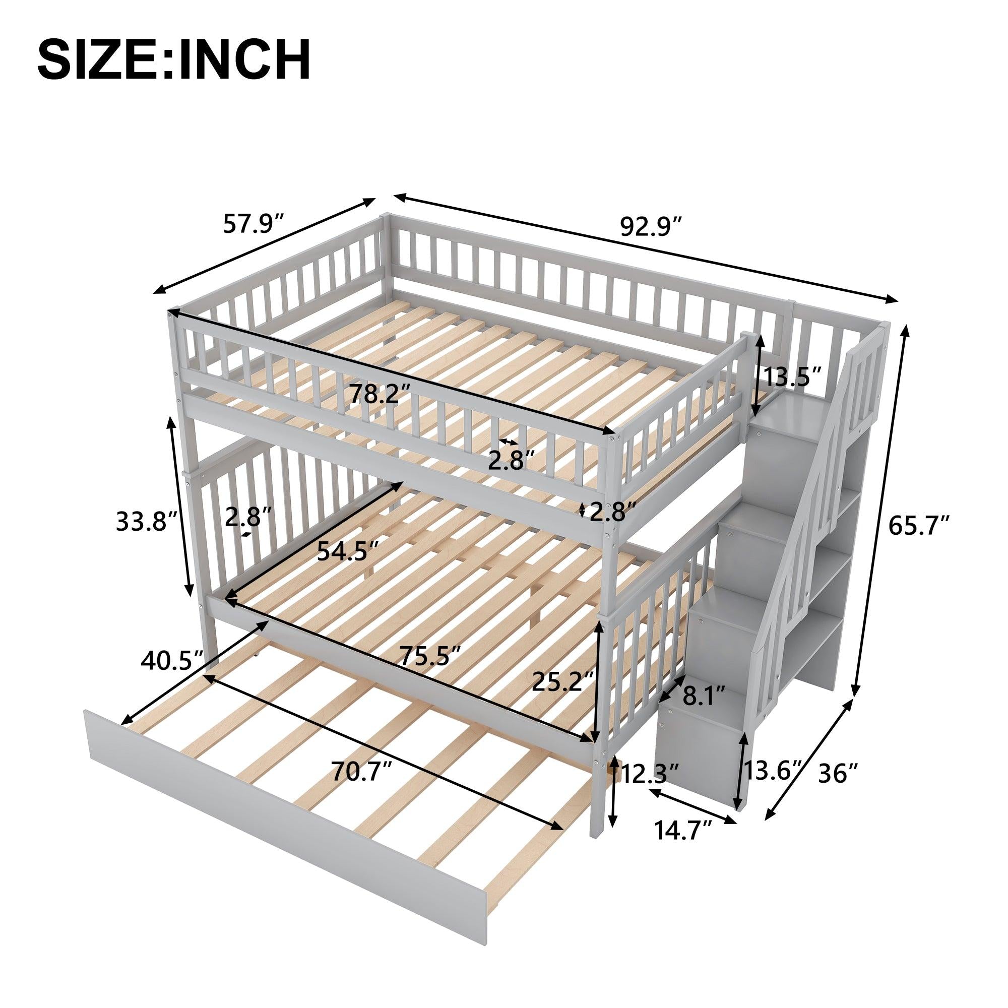 Full over Full Bunk Bed with Twin Size Trundle andStorage Staircase - Gray