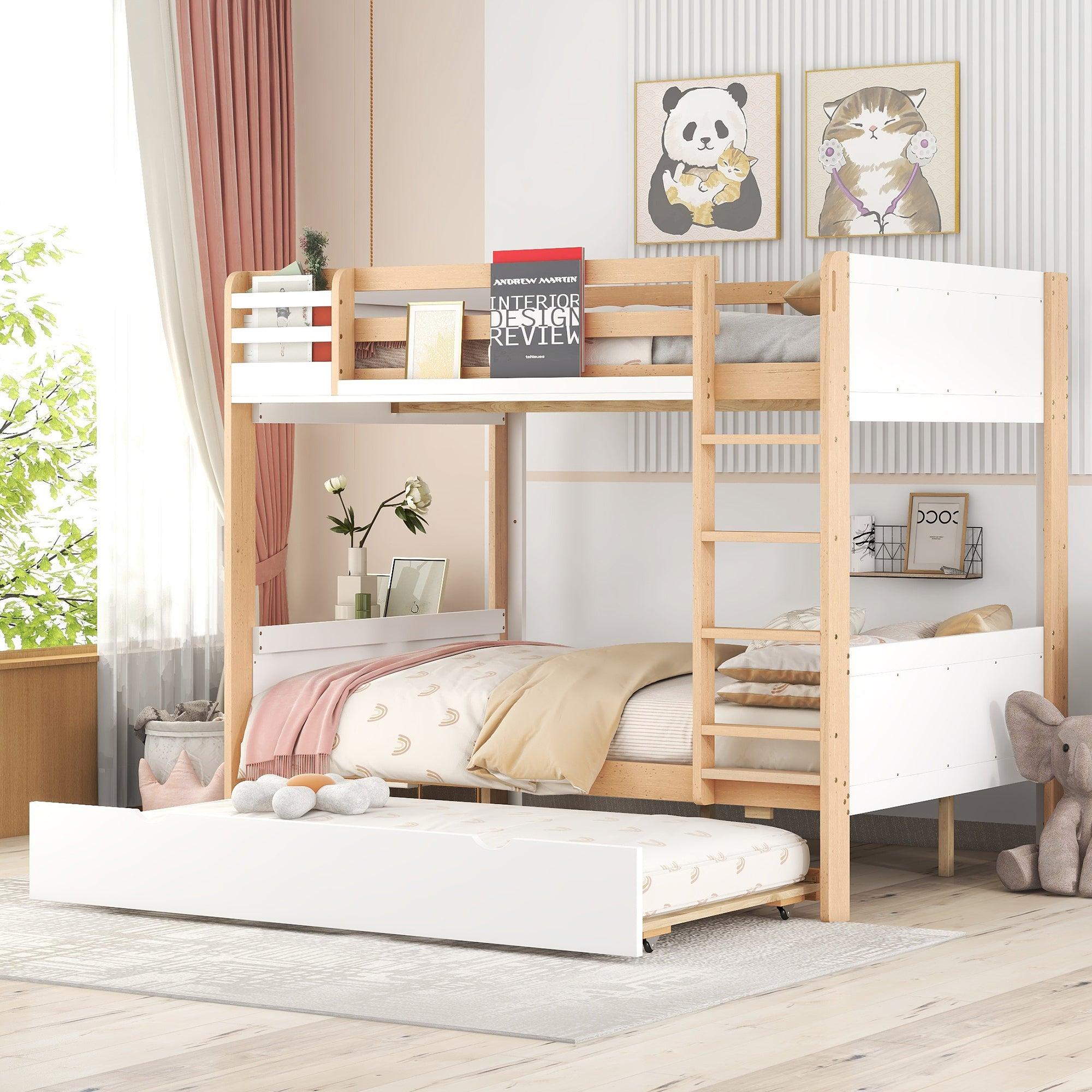 Full over Full Bunk Bed withStorage Shelves, Twin Size Trundle and Ladder - White image