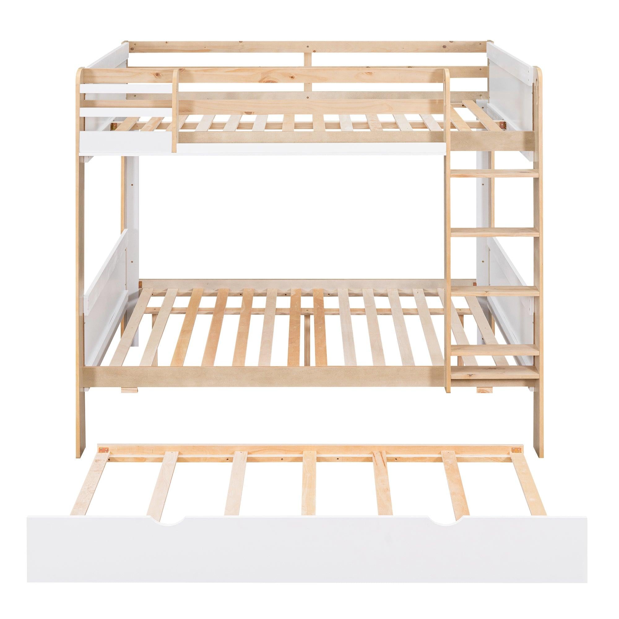 Full over Full Bunk Bed withStorage Shelves, Twin Size Trundle and Ladder - White