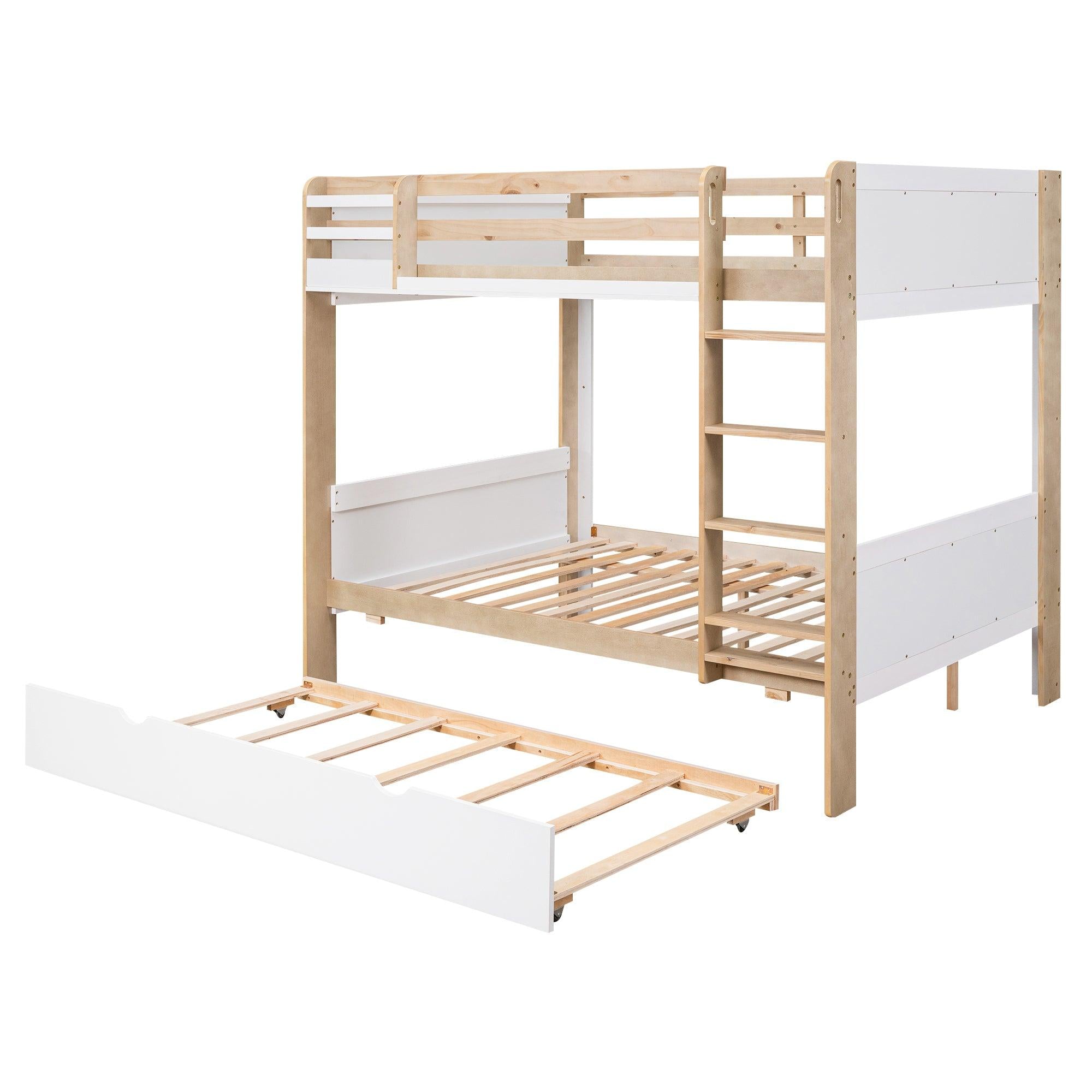 Full over Full Bunk Bed withStorage Shelves, Twin Size Trundle and Ladder - White