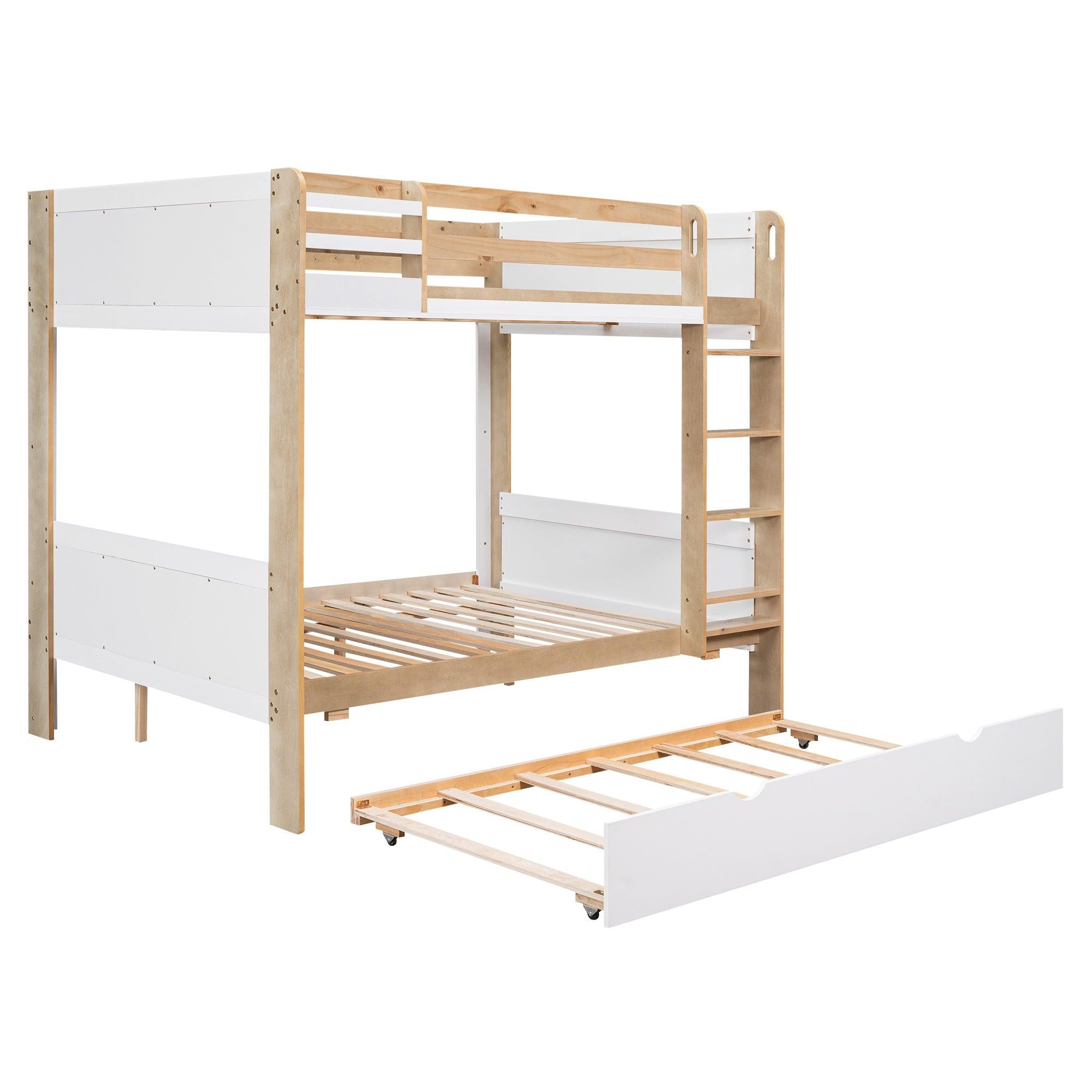 Full over Full Bunk Bed withStorage Shelves, Twin Size Trundle and Ladder - White