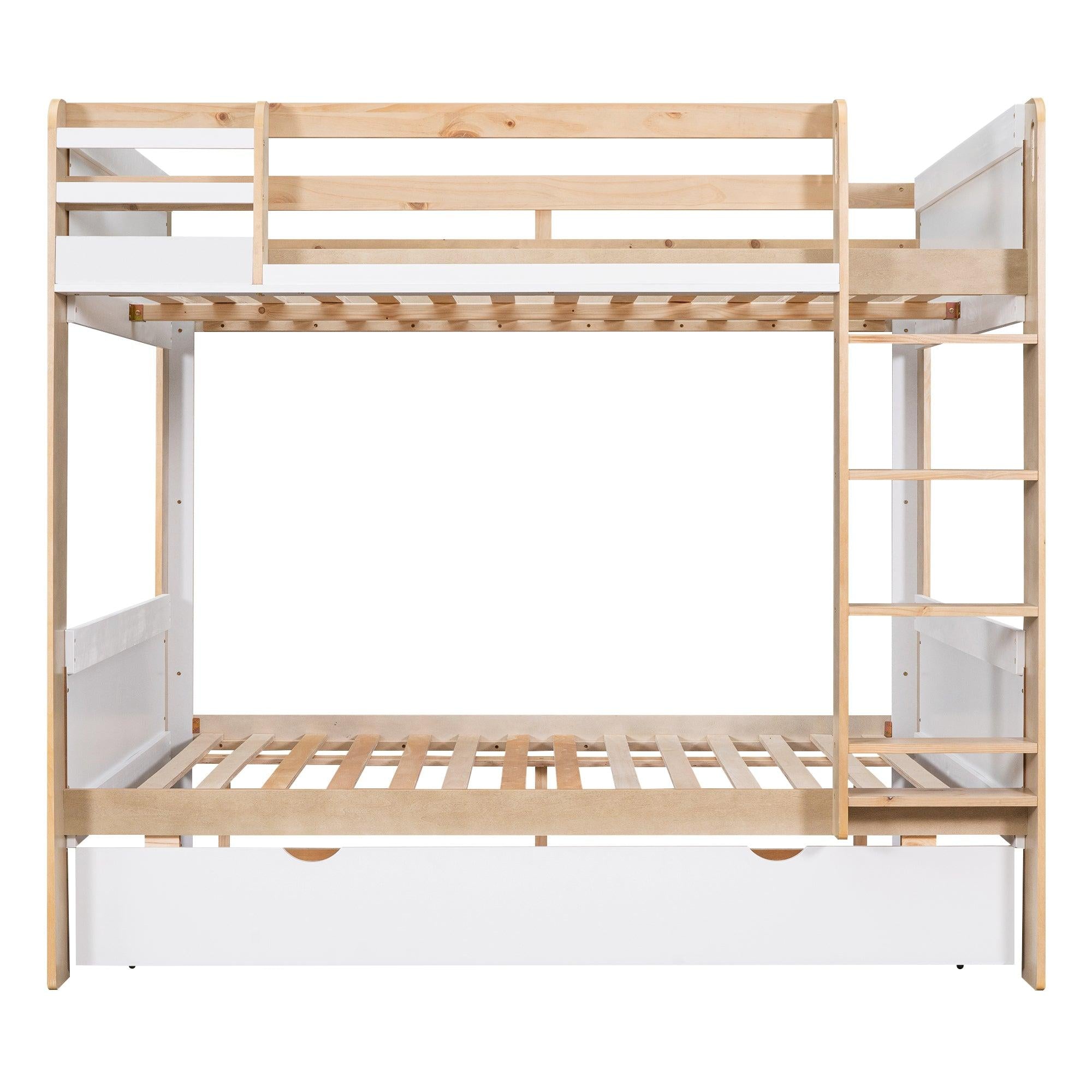 Full over Full Bunk Bed withStorage Shelves, Twin Size Trundle and Ladder - White