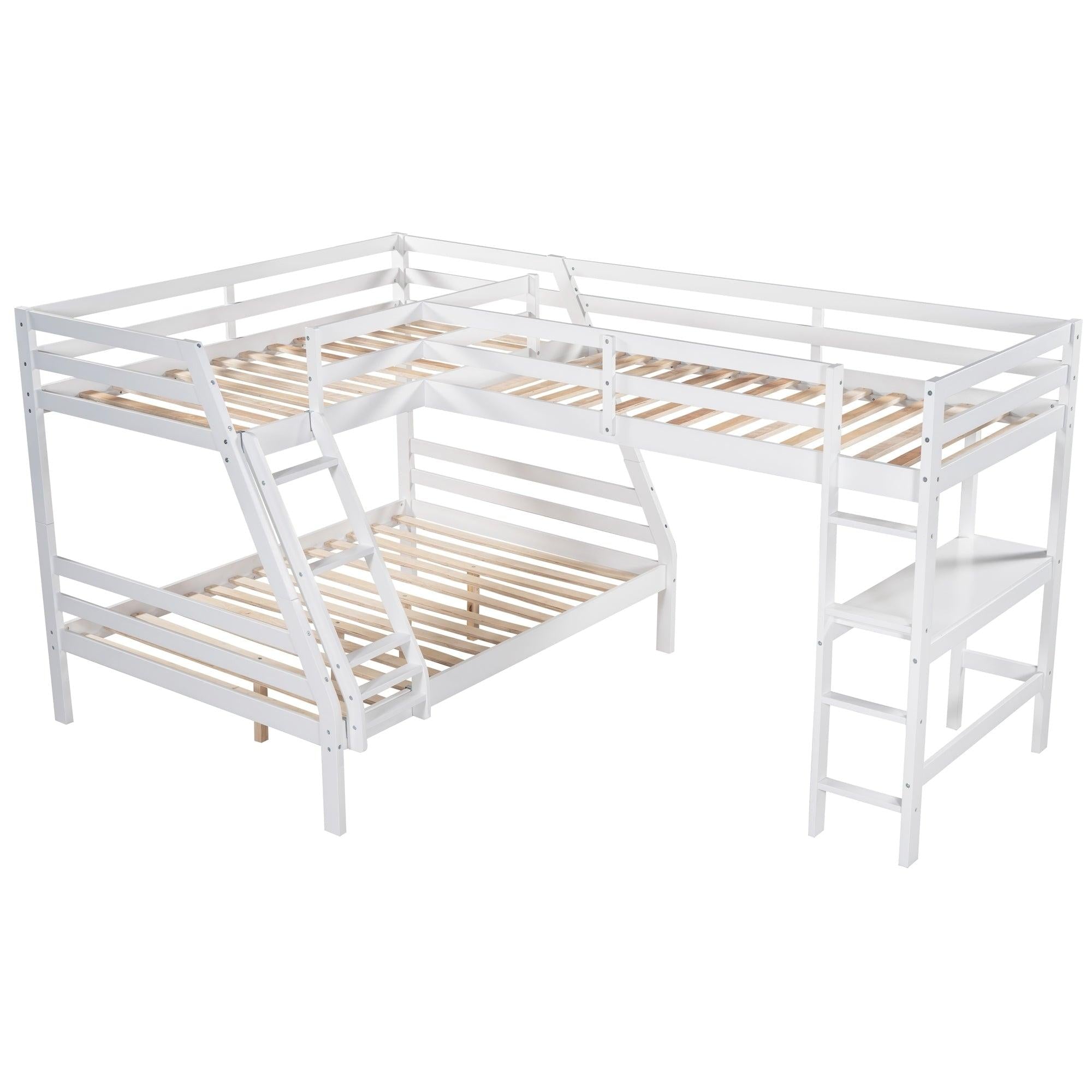 Twin over Full L-Shaped Bunk Bed and Twin Size Loft Bed and Built-in Desk - White