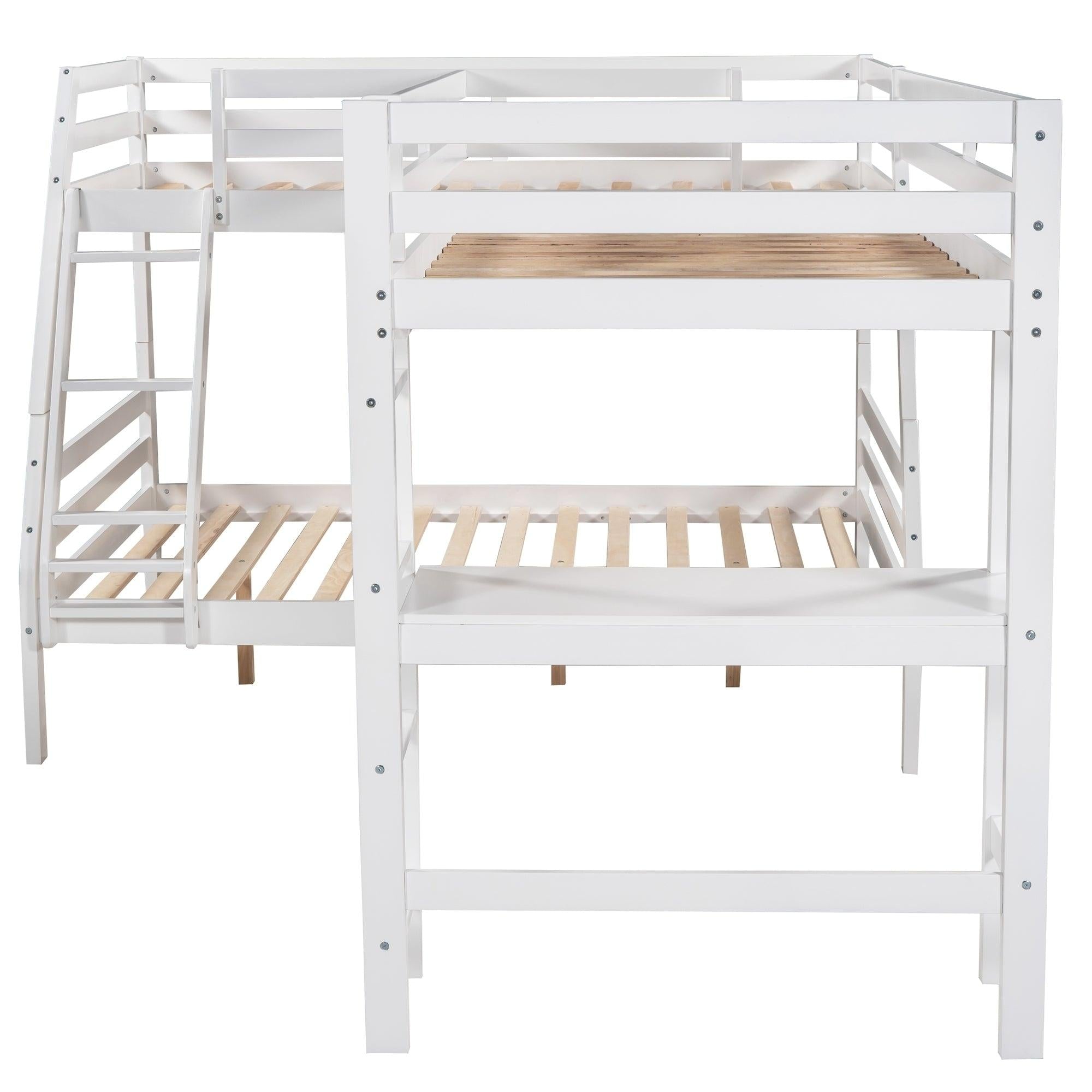 Twin over Full L-Shaped Bunk Bed and Twin Size Loft Bed and Built-in Desk - White