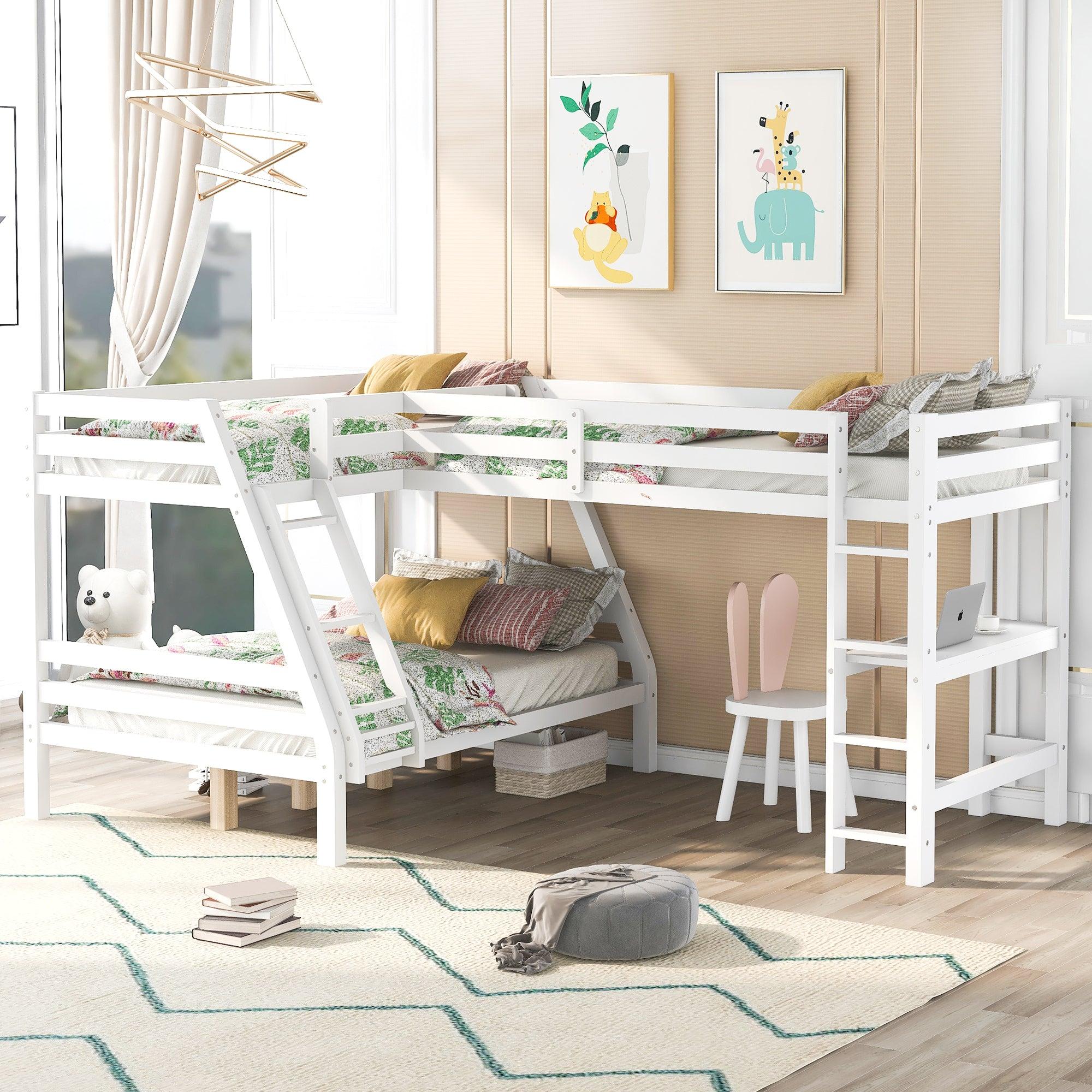 Twin over Full L-Shaped Bunk Bed and Twin Size Loft Bed and Built-in Desk - White