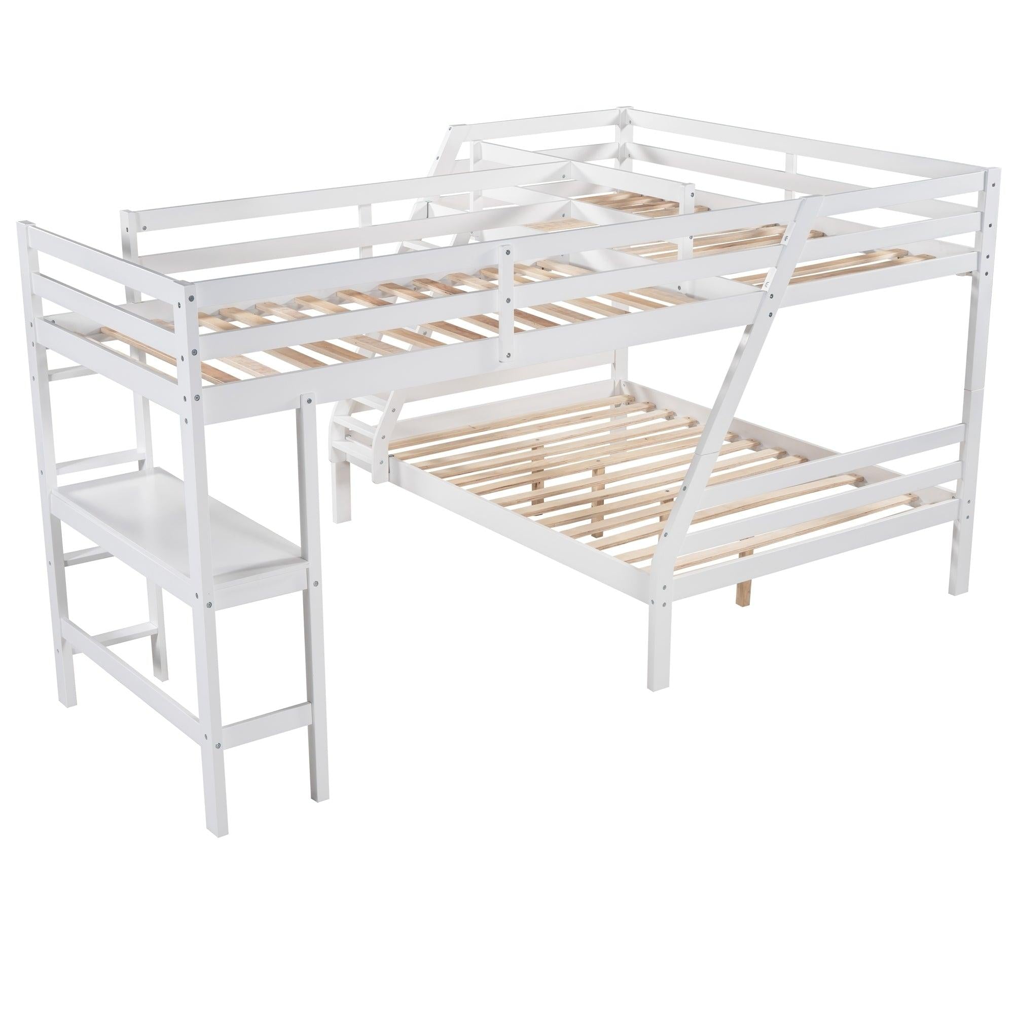 Twin over Full L-Shaped Bunk Bed and Twin Size Loft Bed and Built-in Desk - White