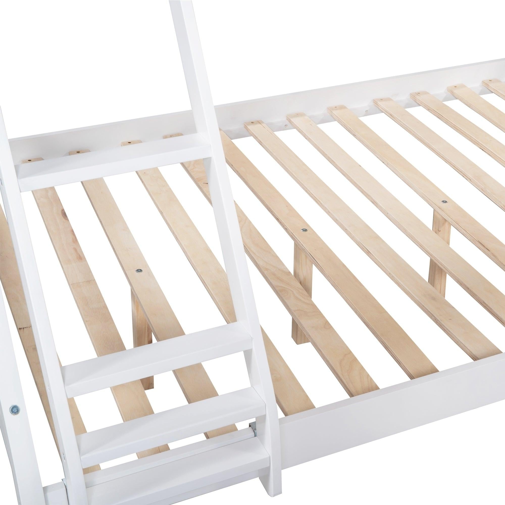 Twin over Full L-Shaped Bunk Bed and Twin Size Loft Bed and Built-in Desk - White