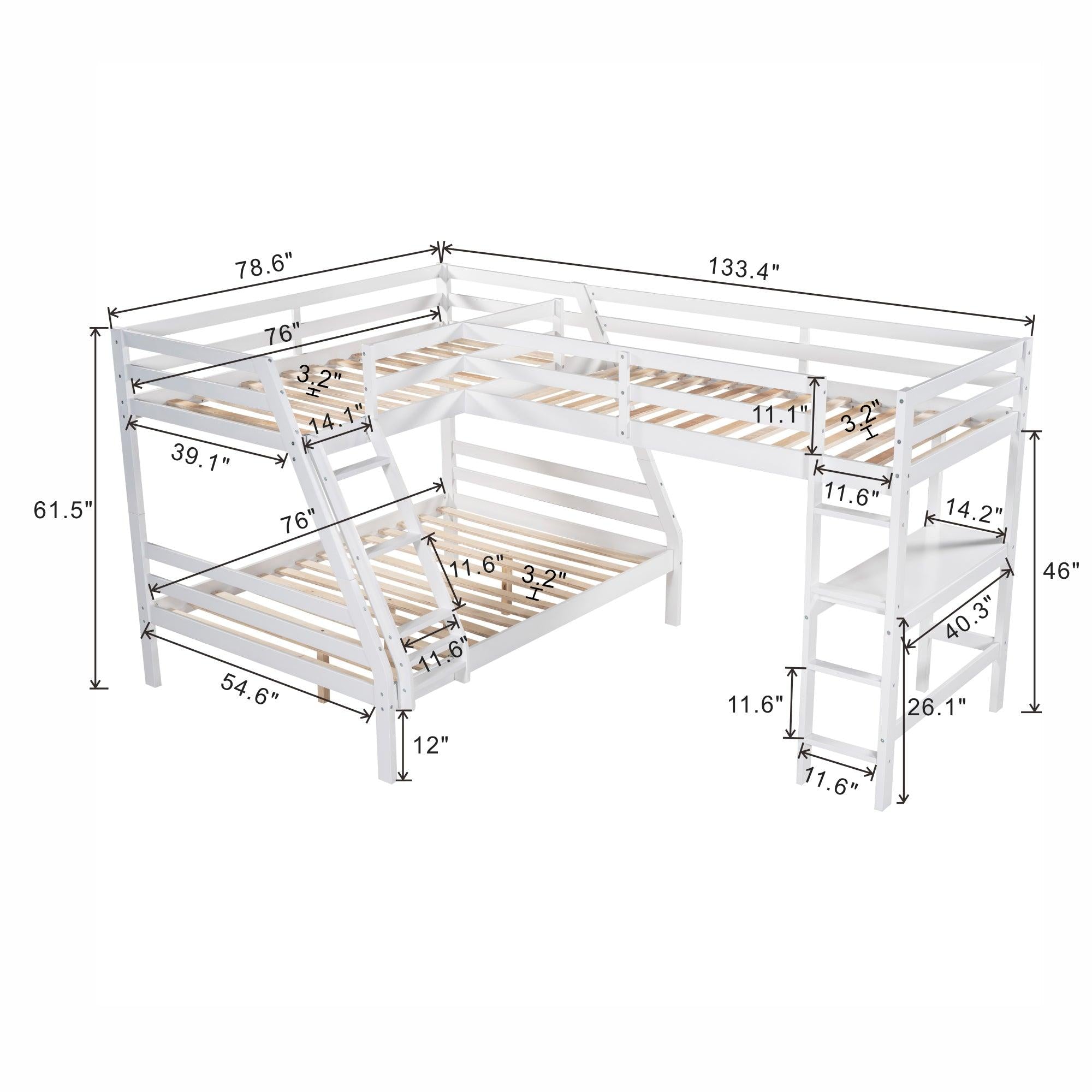 Twin over Full L-Shaped Bunk Bed and Twin Size Loft Bed and Built-in Desk - White